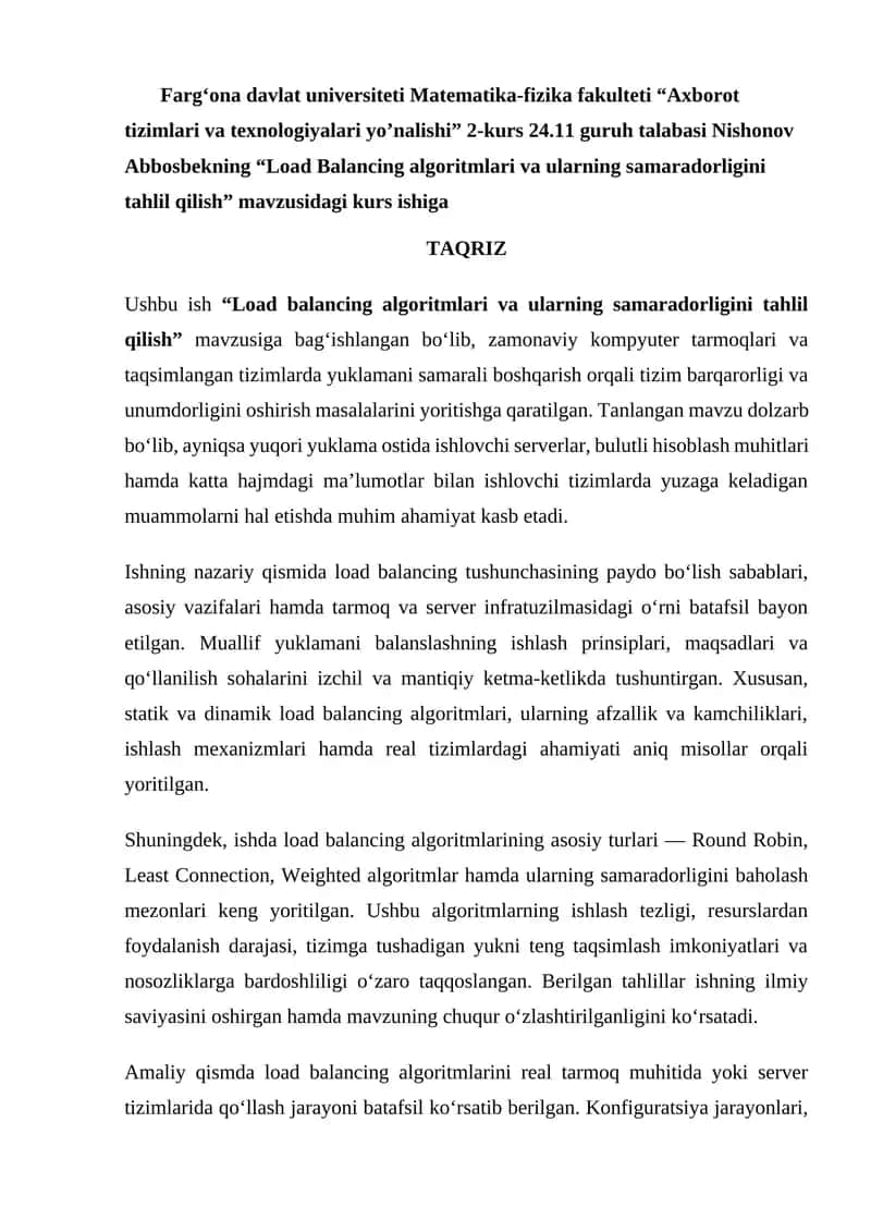 Load Balancing algoritmlari va ularning samaradorligini tahlil qilish 1