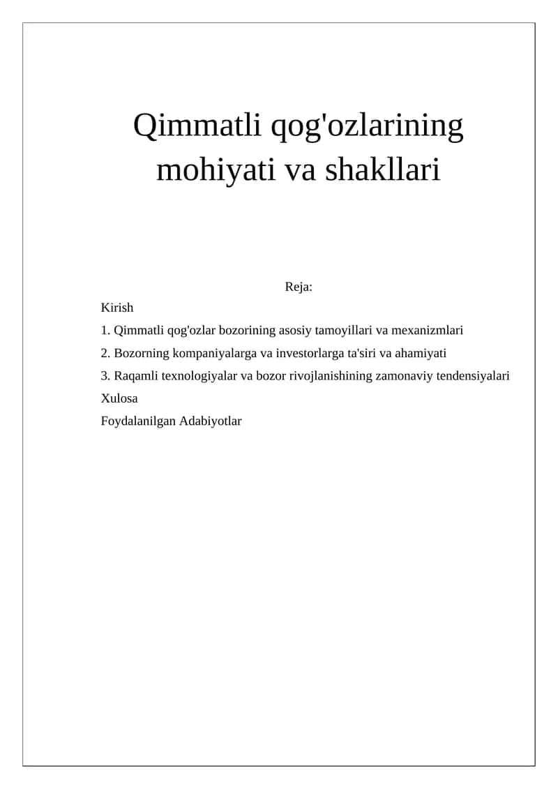 Qimmatli qog'ozlarining mohiyati va shakllari 1