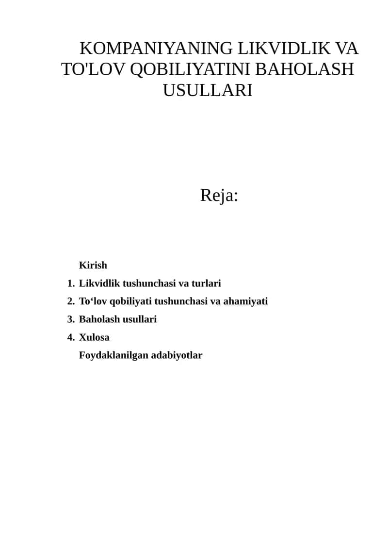 Likvidlik va To'lov Qobiliyatini Baholash Usullari 1