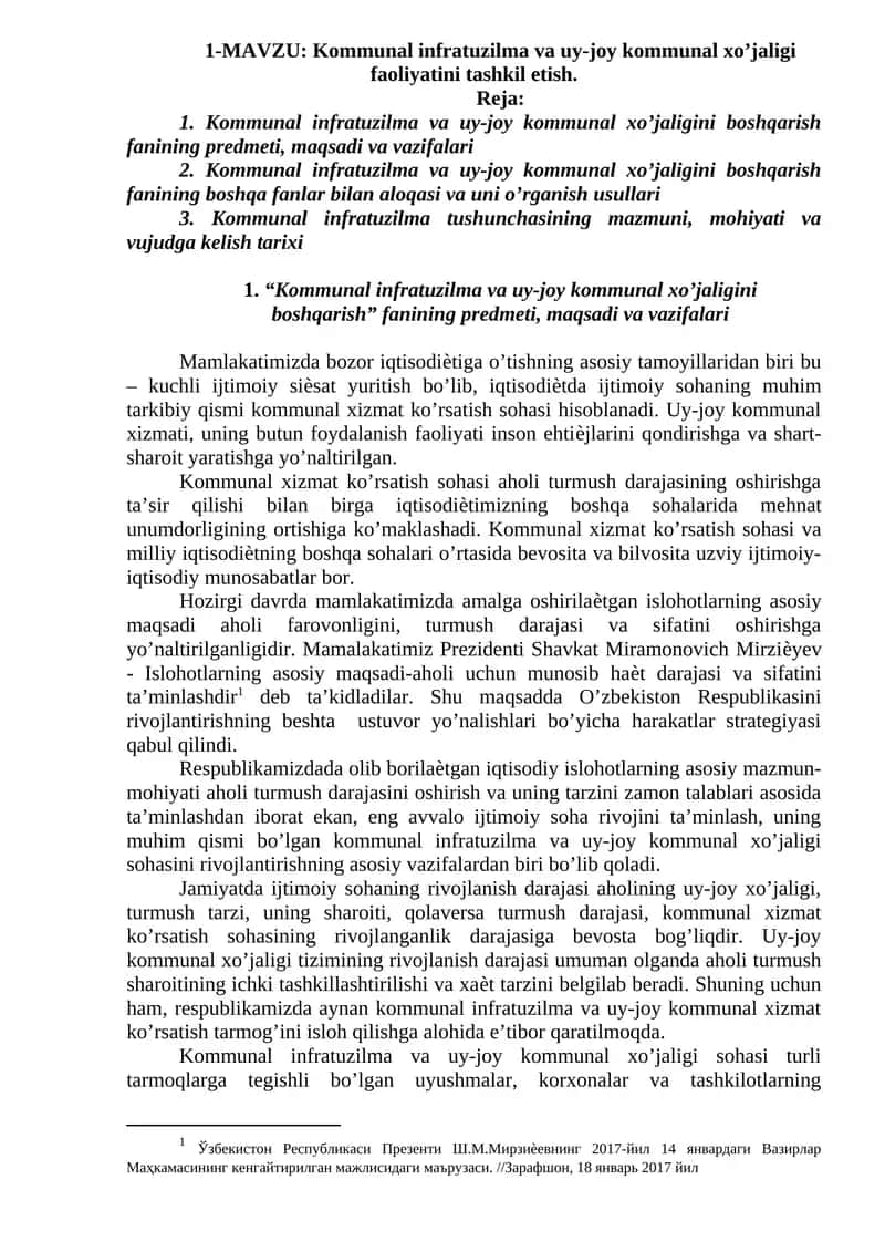Kommunal infratuzilma va uy-joy kommunal xo’jaligi faoliyatini tashkil etish 1