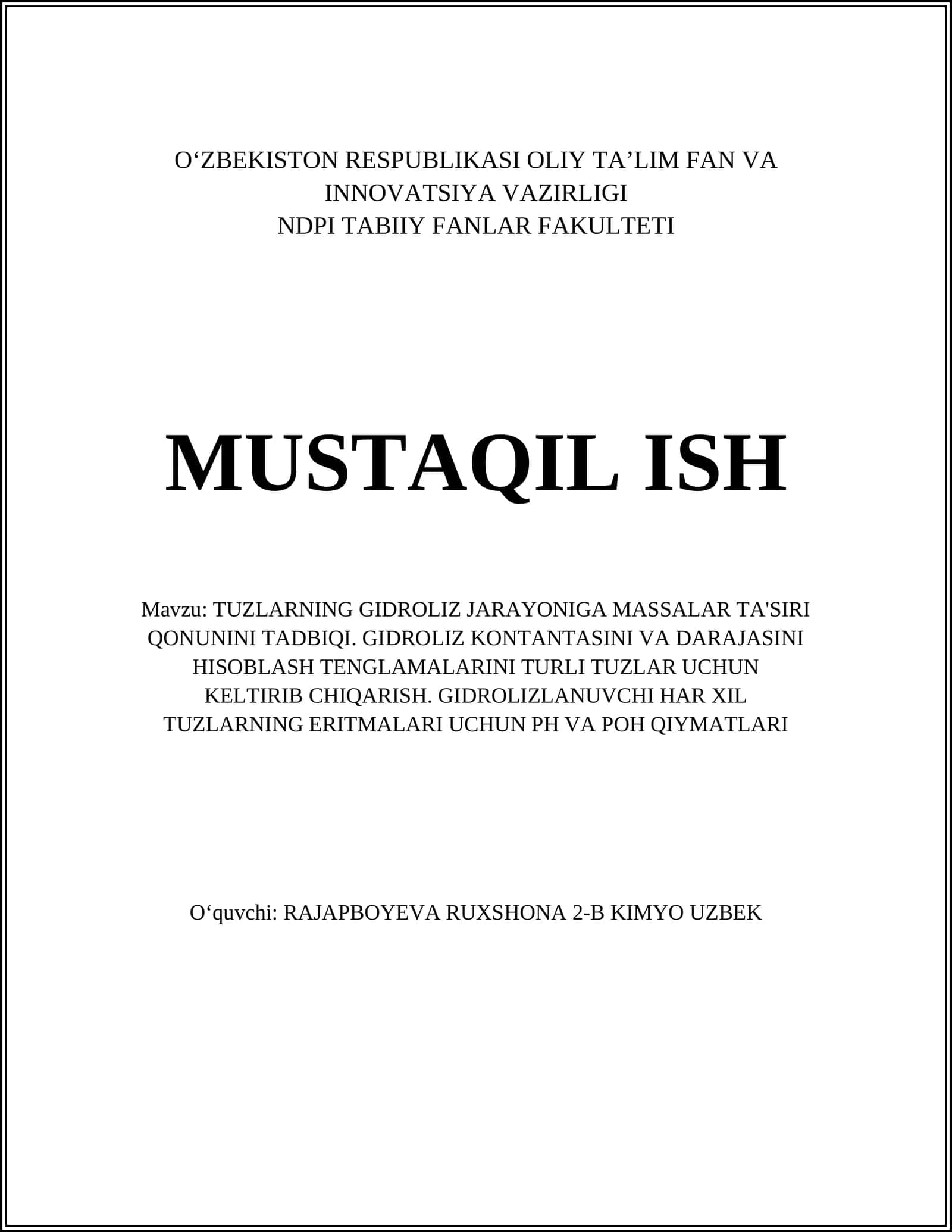 TUZLARNING GIDROLIZ JARAYONIGA MASSALAR TA'SIRI QONUNINI TADBIQI 1