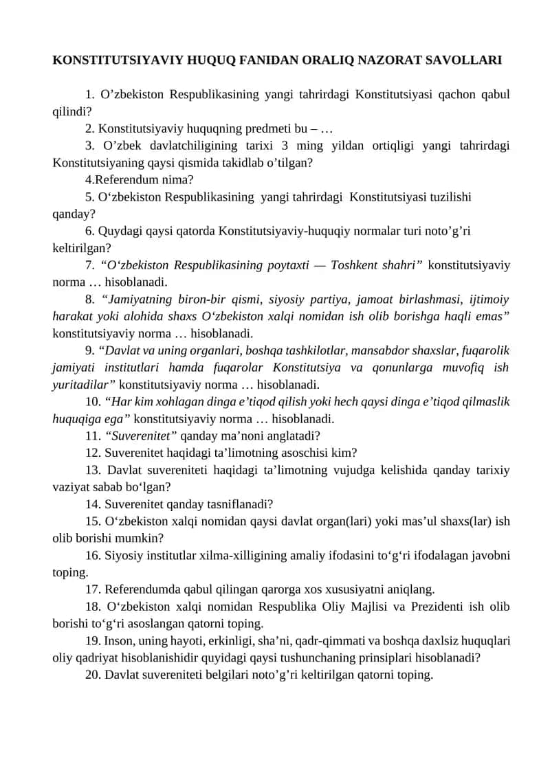 Konstitutsiyaviy Huquq Fanidan Oralik Nazorat Savollari 1