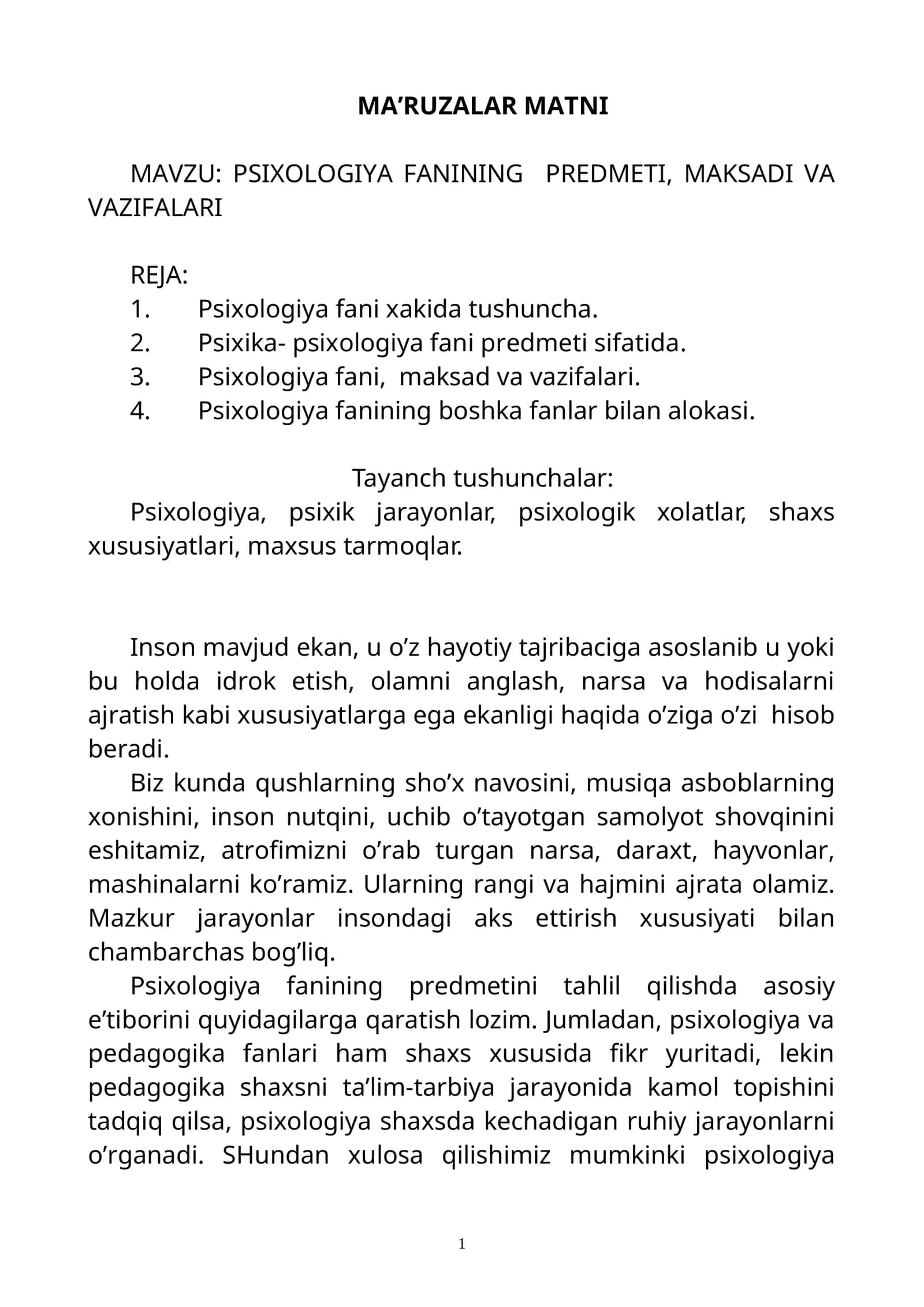 PSIХОLОGIYA FANINING PRЕDMЕTI, MAKSADI VA VAZIFALARI 1