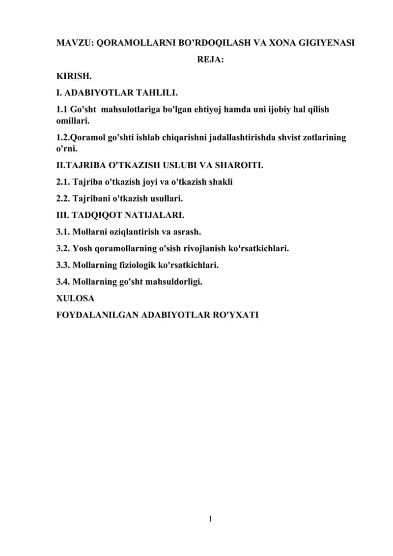 QORAMOLLARNI BO’RDOQILASH VA XONA GIGIYENASI 1
