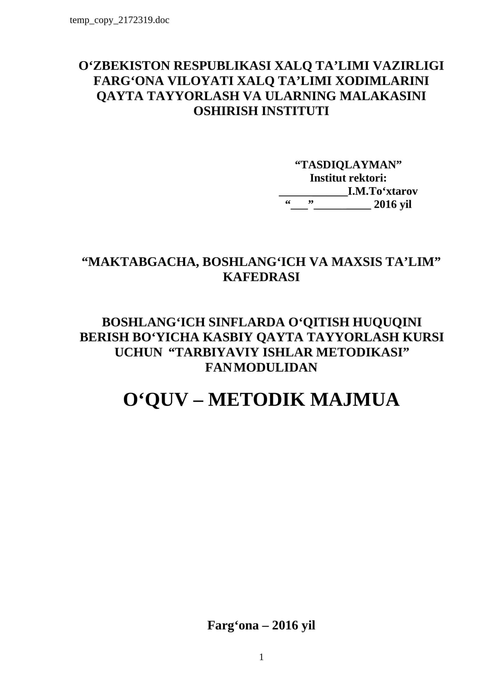 “TARBIYAVIY ISHLAR METODIKASI” FAN MODULIDAN O‘QUV – METODIK MAJMUA 1