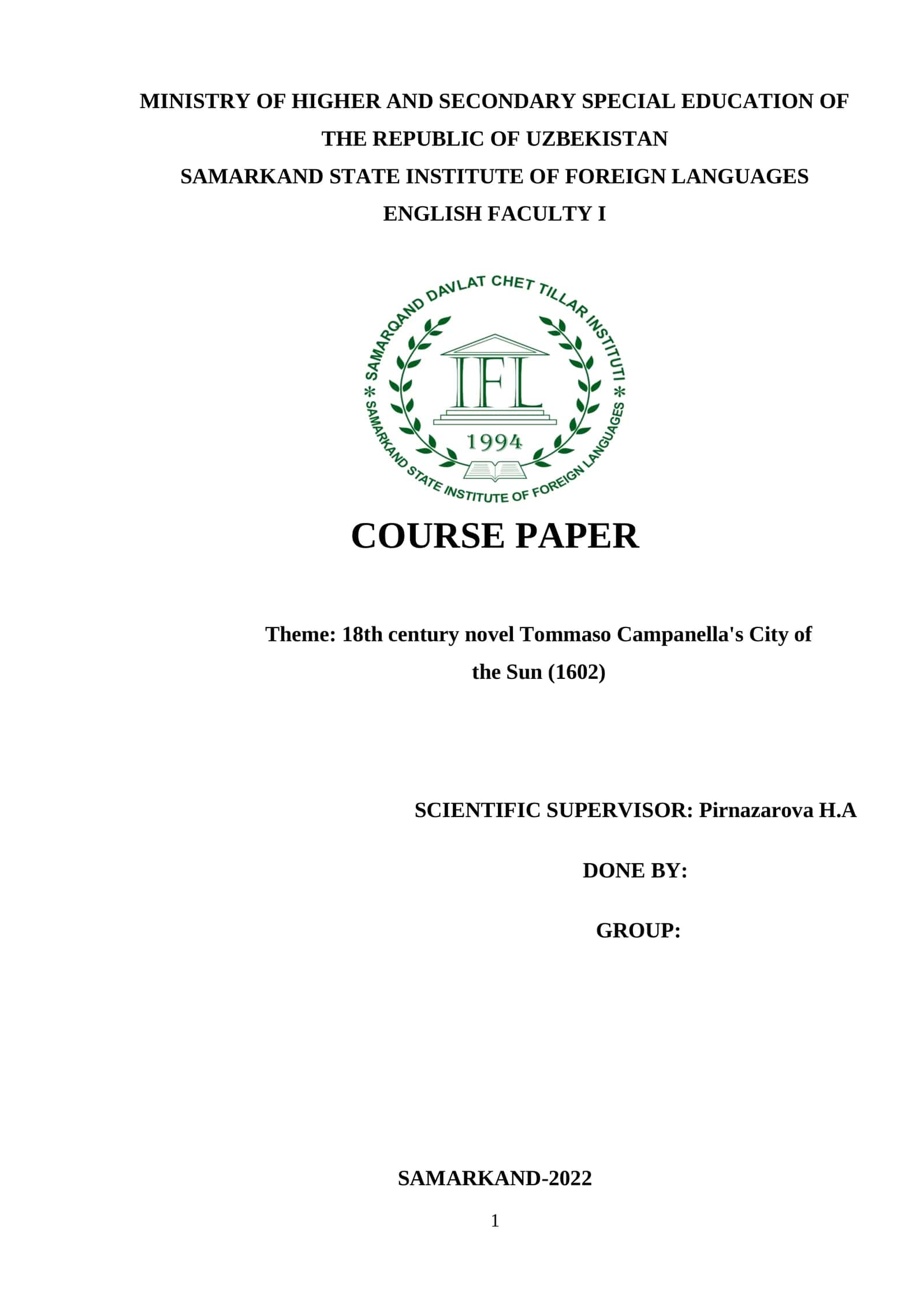 Tommaso Campanella's City of the Sun Course Paper 1