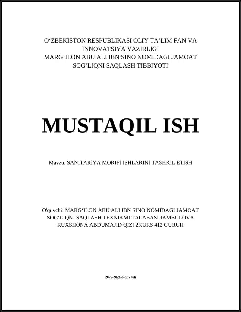 SANITARIYA MORIFI ISHLARINI TASHKIL ETISH 1