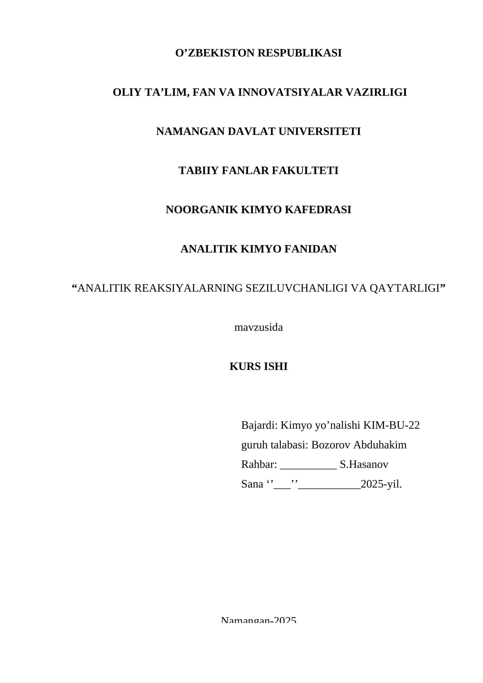 Analitik Reaksiyalarning Seziluvchanligi va Qaytarligi Kurs Ishi 1