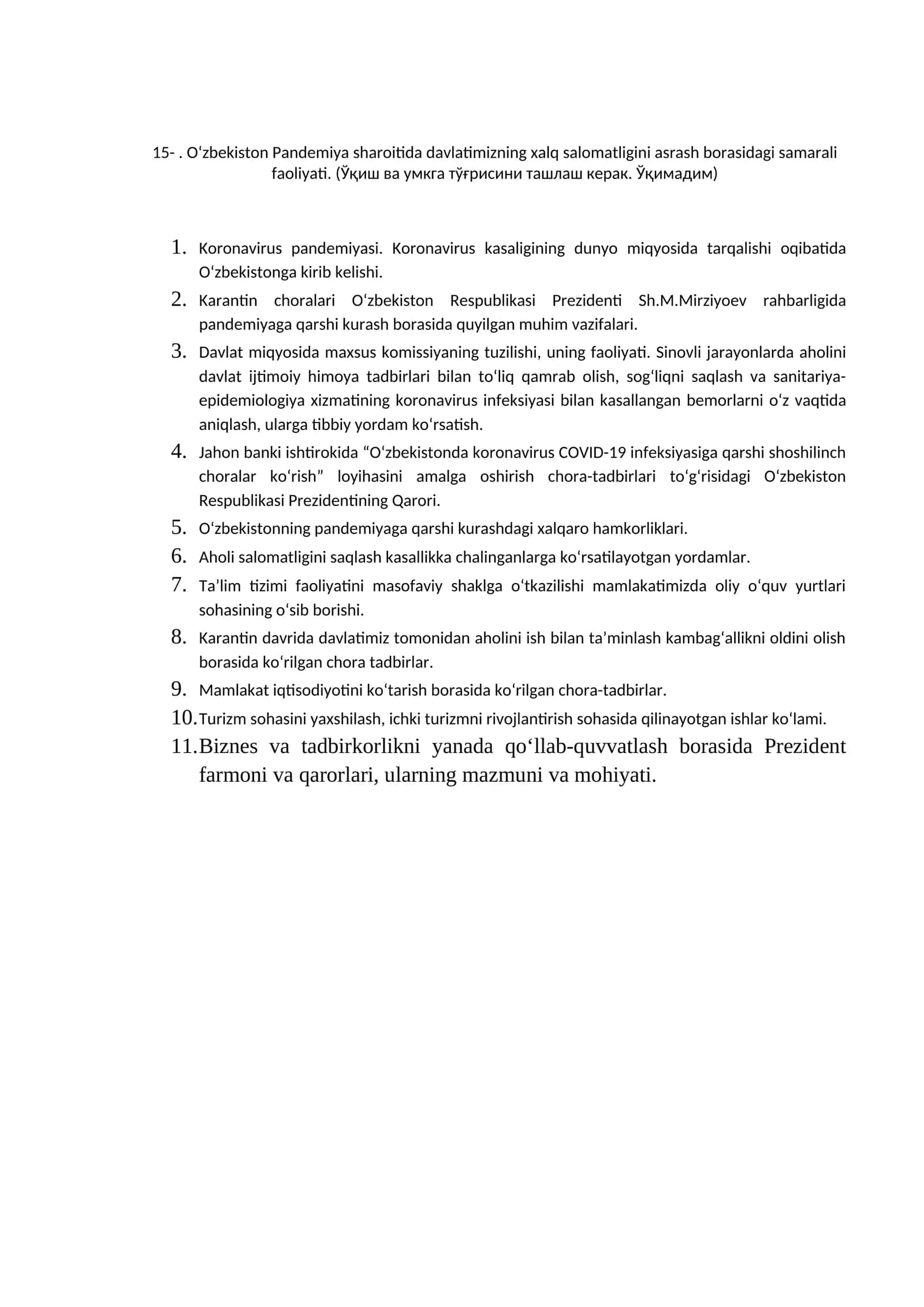 O‘zbekiston Pandemiya sharoitida davlatimizning xalq salomatligini asrash borasidagi samarali faoliyati 1