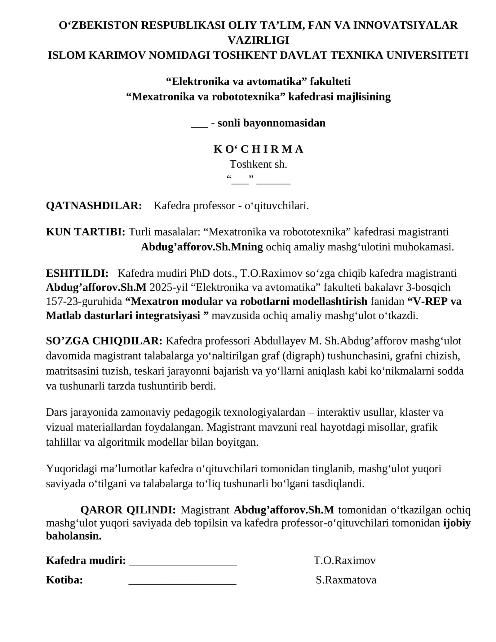 "V-REP va Matlab dasturlari integratsiyasi" mavzusida ochiq amaliy mashg'ulot 1