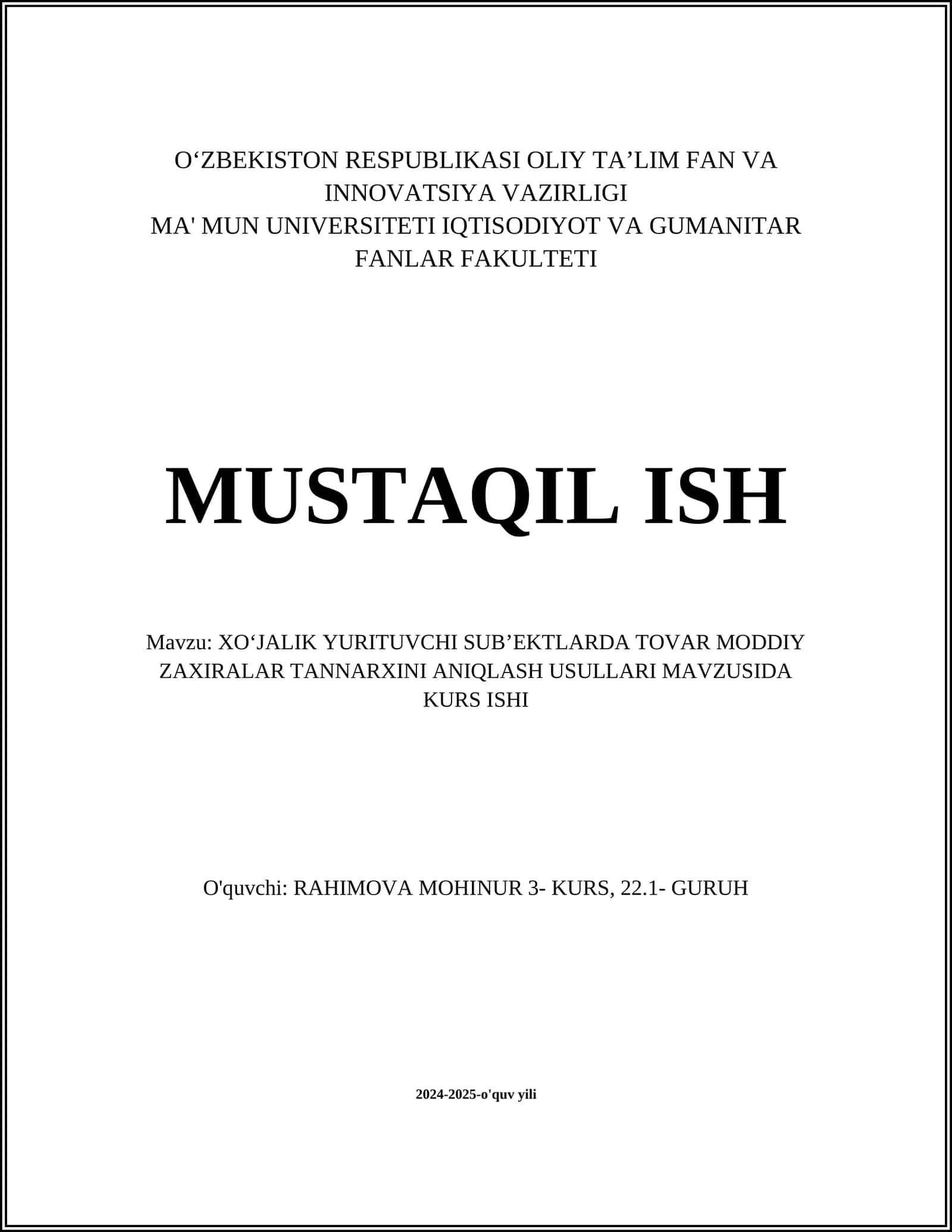XOʻJALIK YURITUVCHI SUBʼEKTLARDA TOVAR MODDIY ZAXIRALAR TANNARXINI ANIQLASH USULLARI MAVZUSIDA 1