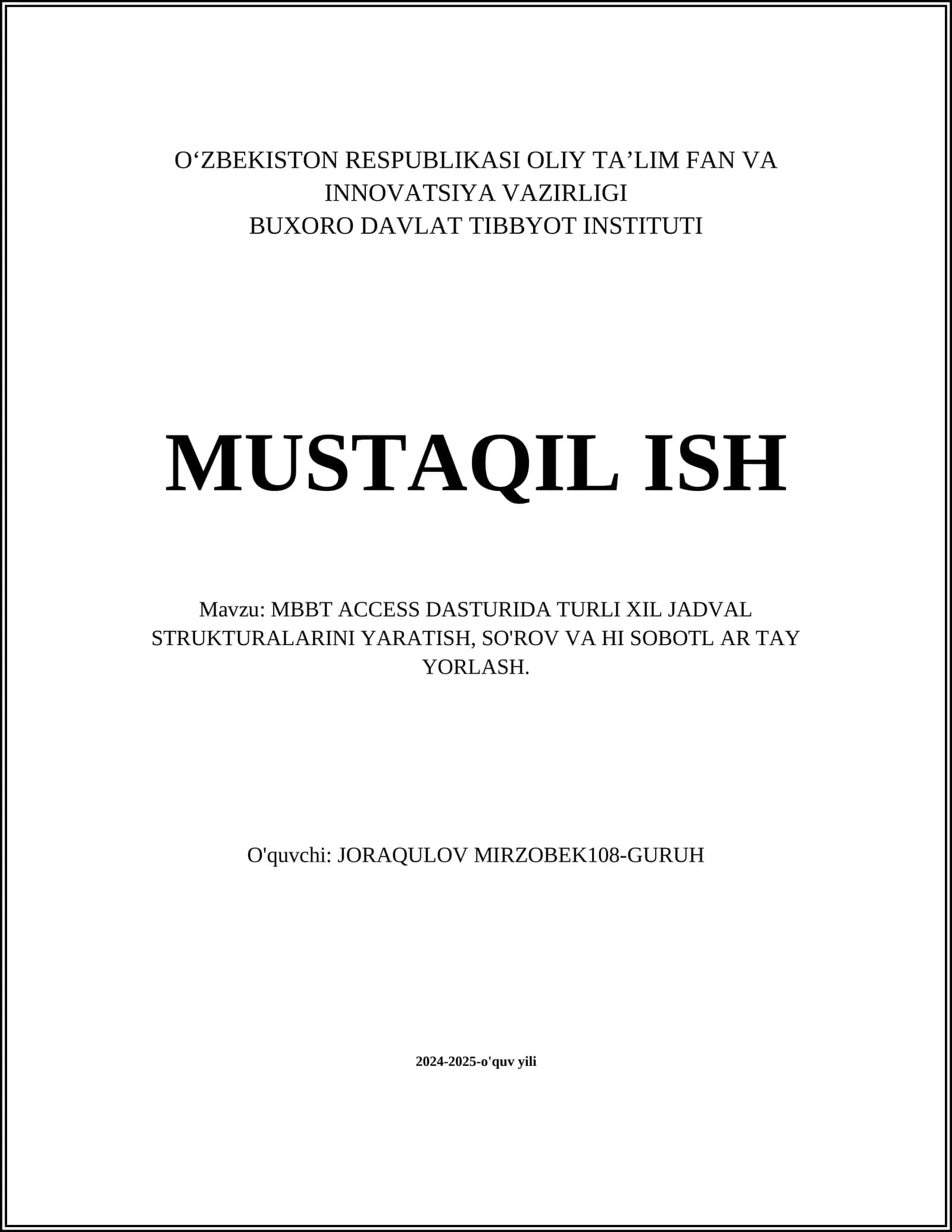 MBBT kirish va ma'lumotlar bazasi dizayni 1