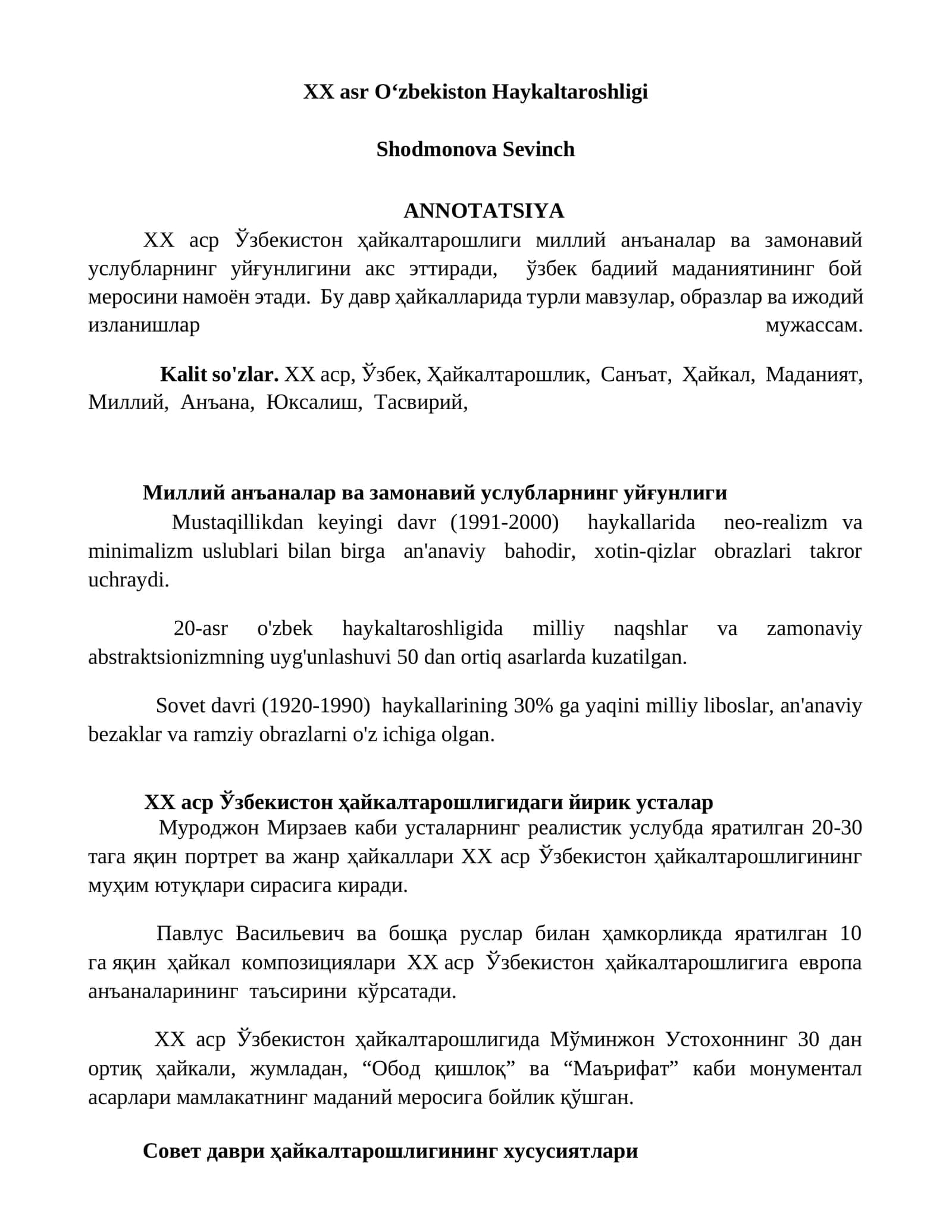 XX asr Oʻzbekiston Haykaltaroshligi 1