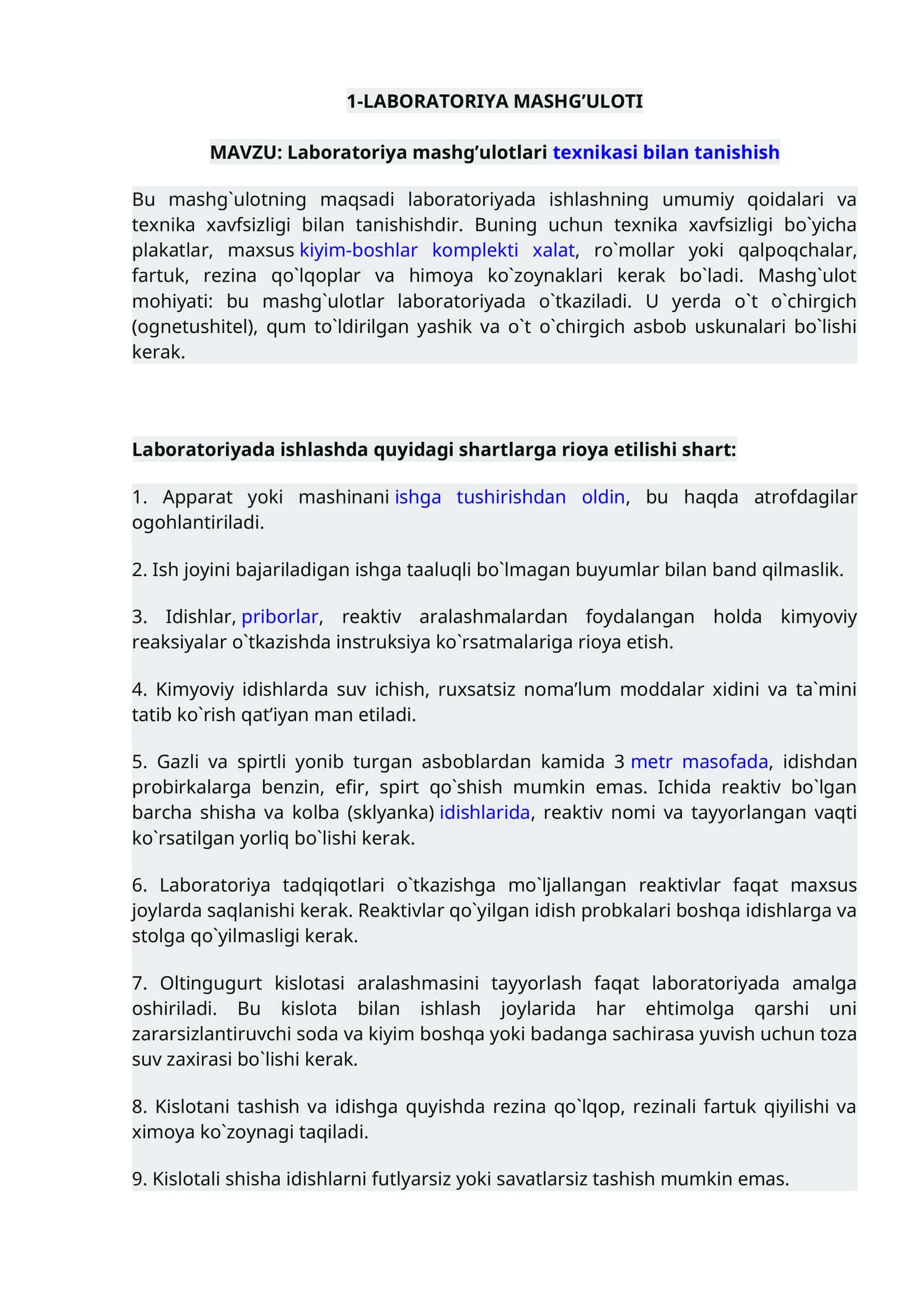 laboratoriyada ishlashning umumiy qoidalari va texnika xavfsizligi bilan tanishish 1