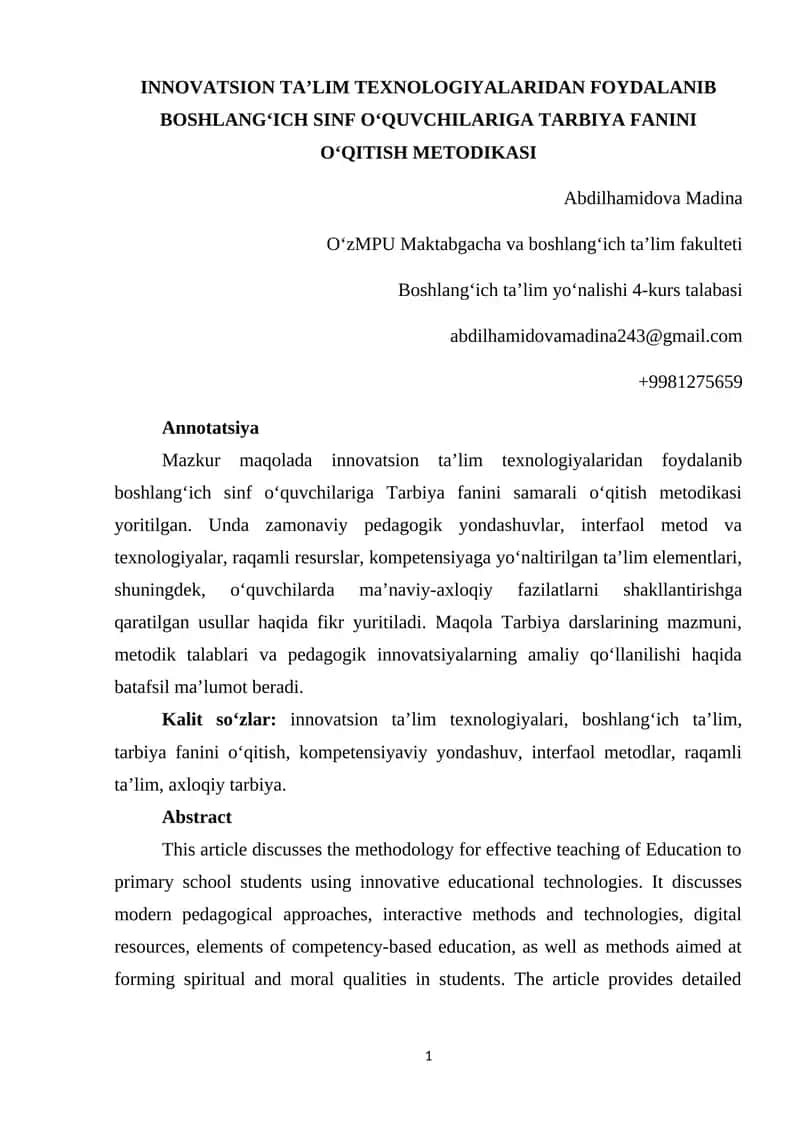 INNOVATION TALIM TEXNOLOGIYALARIDAN FOYDALANIB BOSHLAN'ICH SINF O'QUVCHILARIGA TARBIYA FANINI O'QITISH METODIKASI 1