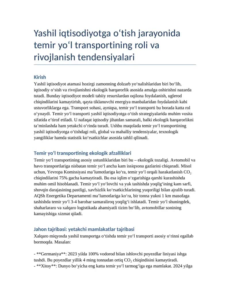 Temir yo‘l transportining roli va rivojlanish tendensiyalari 1