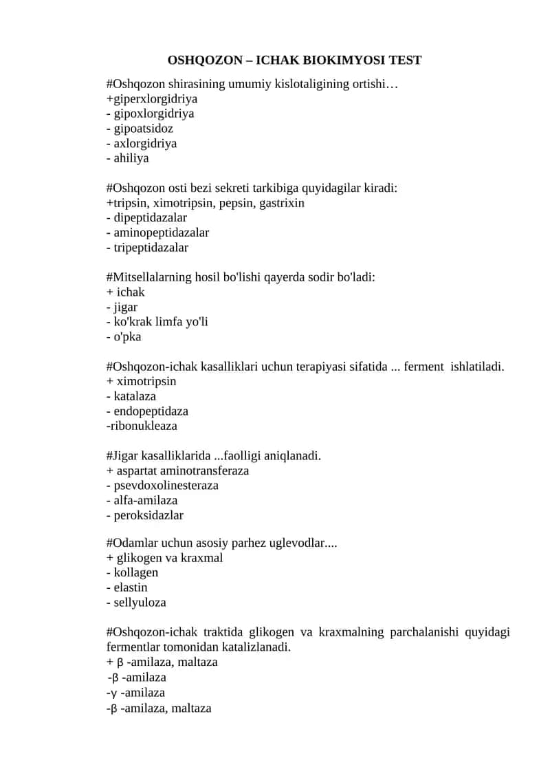 OSHQOZON – ICHAK BIOKIMYOSI TEST 1