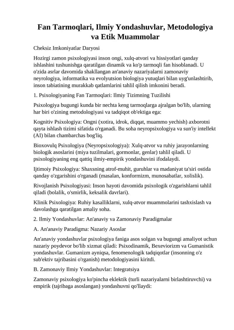 Psixologiyaning Fan Tarmoqlari 1