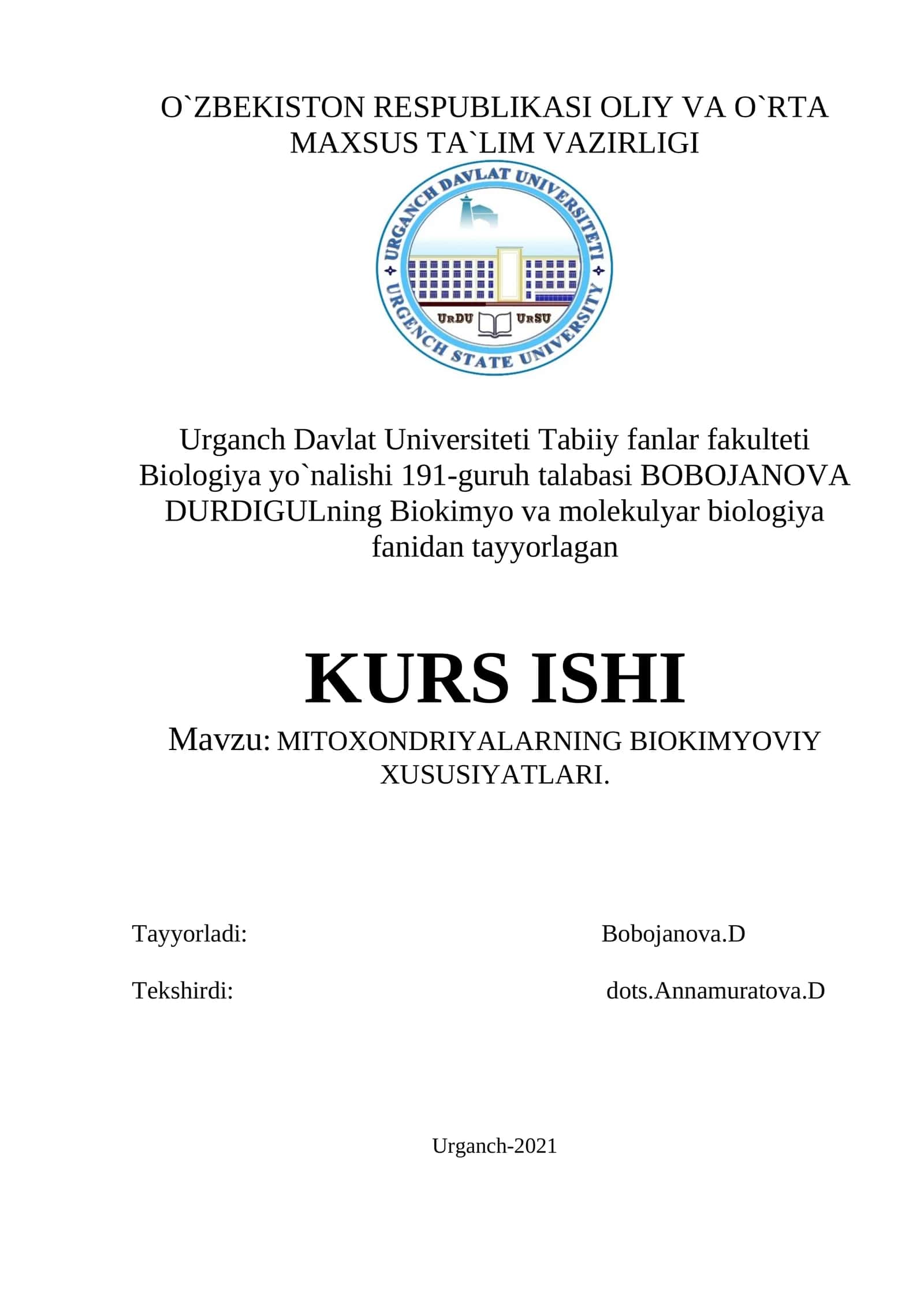 MITOXONDRIYALARNING BIOKIMYOVIY XUSUSIYATLARI 1