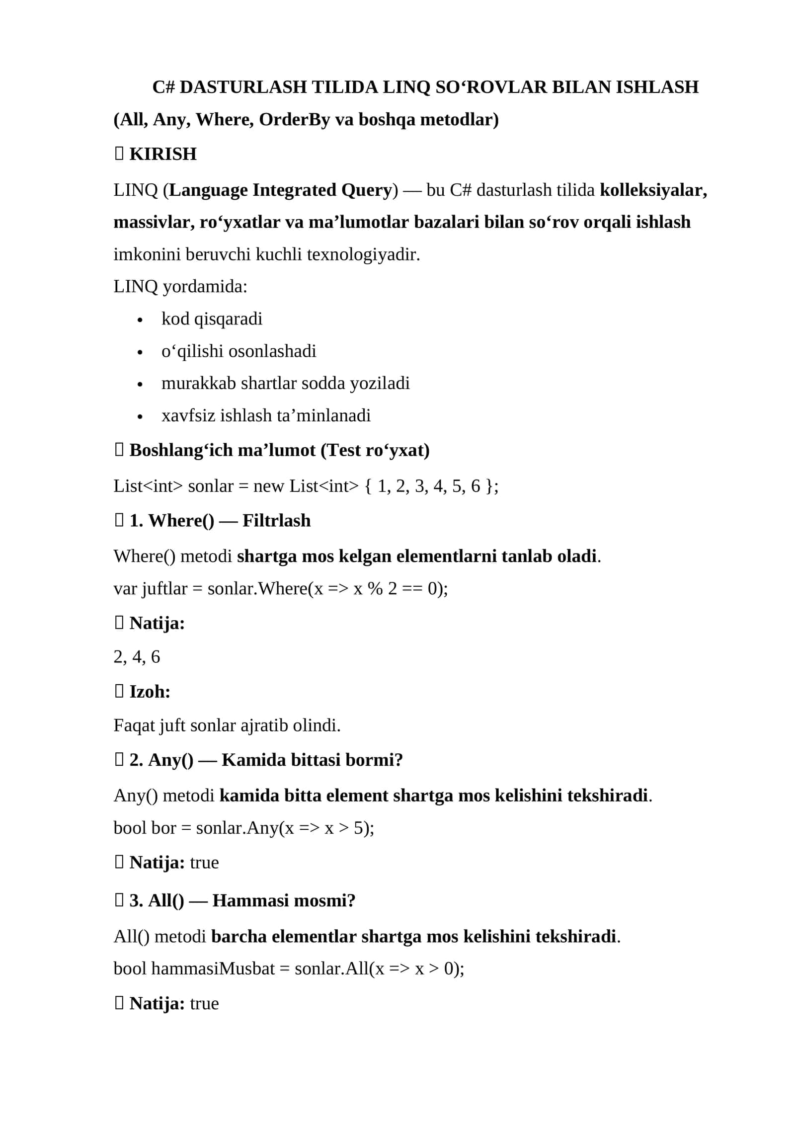C# DASTURLASH TILIDA LINQ SO‘ROVLAR BILAN ISHLASH 1
