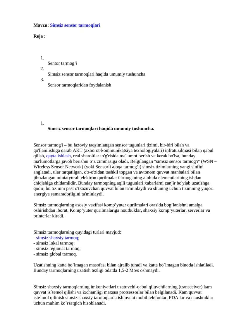 Simsiz sensor tarmoqlari 1