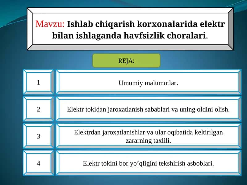 Ishlabchiqarish korxonalarida elektr bilan ishlagan da havfsizlik choralari 1