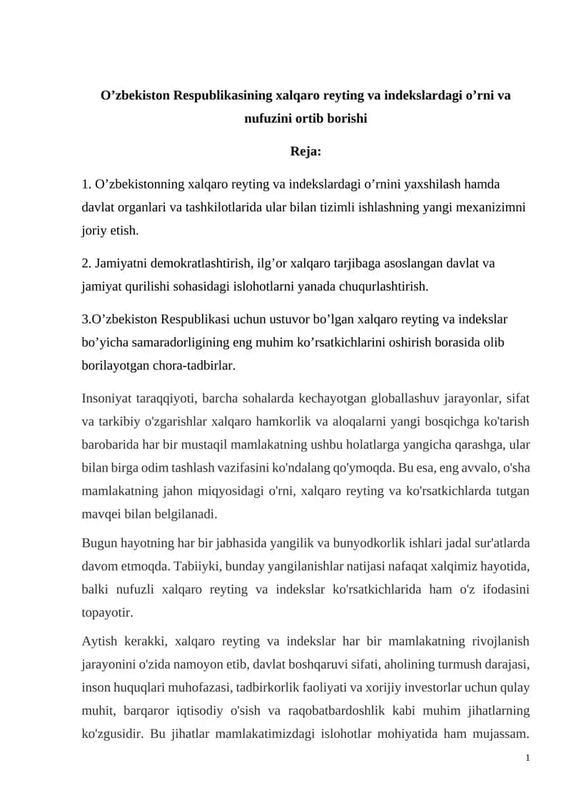 Xalqaro Reyting va Indekslar 1