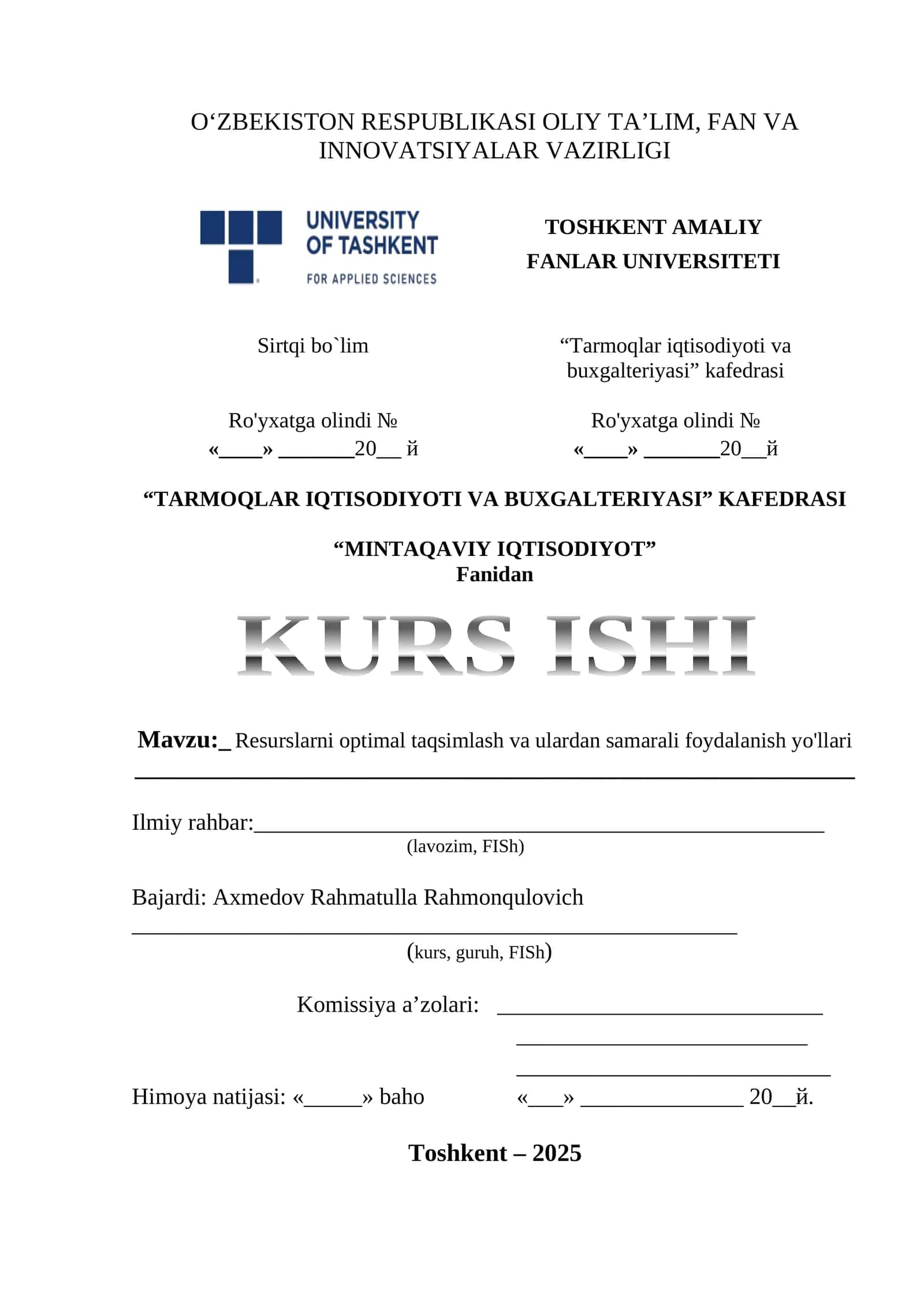 Resurslarni optimal taqsimlash va ulardan samarali foydalanish yo'llari 1