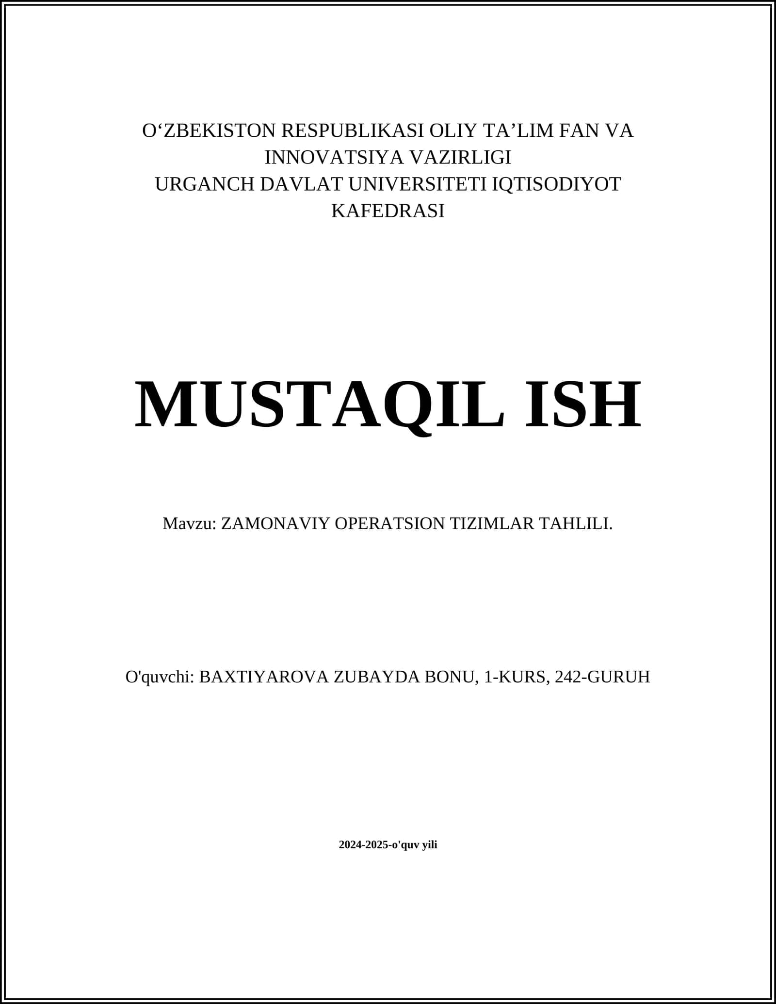 ZAMONAVIY OPERATSION TIZIMLAR TAHLILI 1