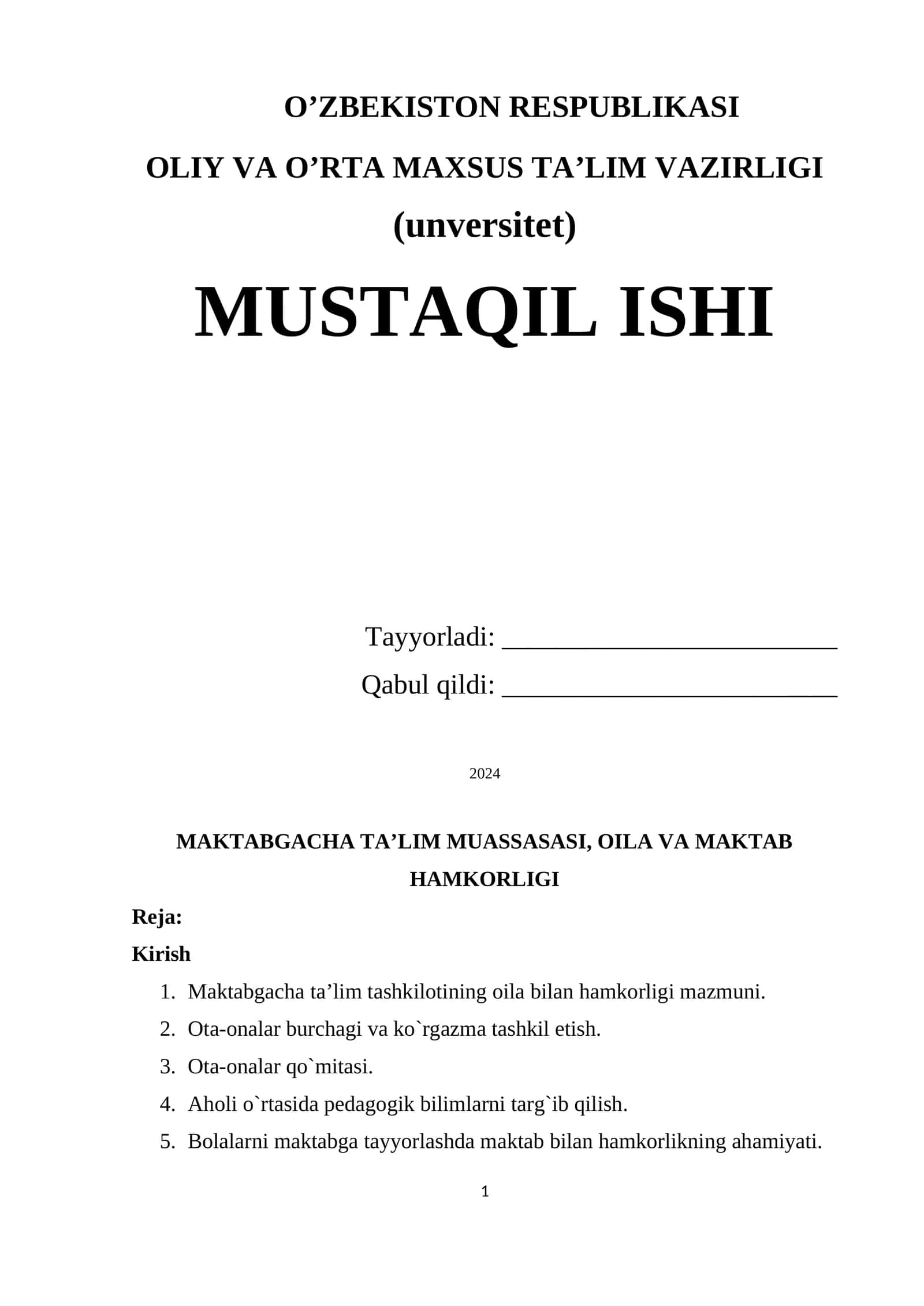 Maktabgacha ta'lim muassasasi, oila va maktab hamkorligi 1