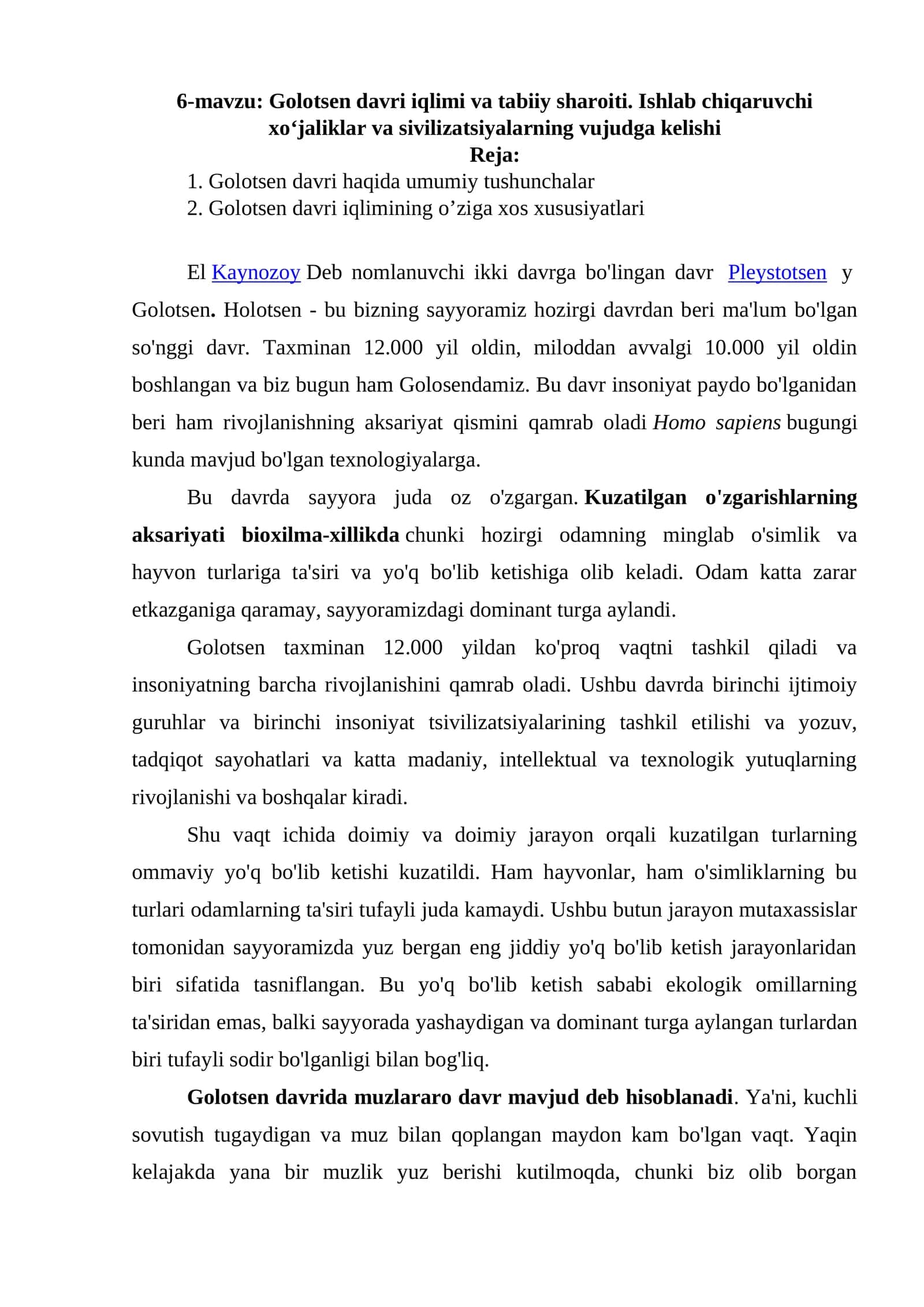 Golotsen davri iqlimi va tabiiy sharoiti 1