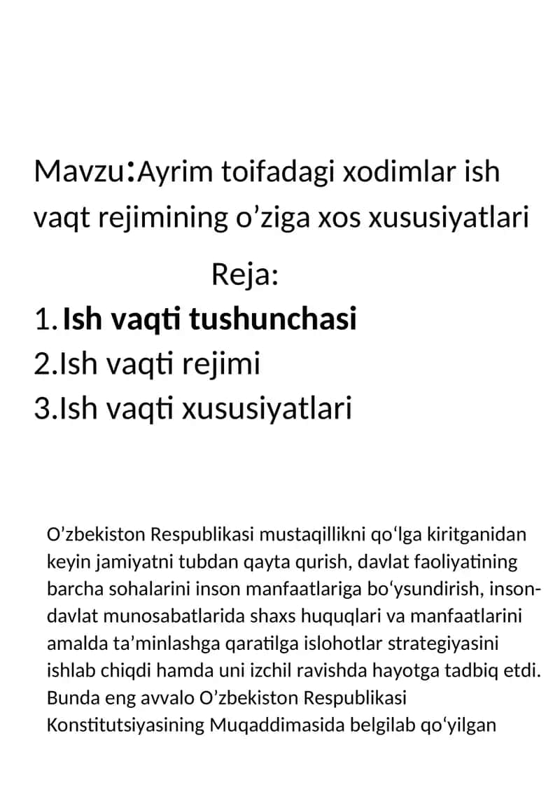 Ayrim toifadagi xodimlar ish vaqt rejimining o’ziga xos xususiyatlari 1