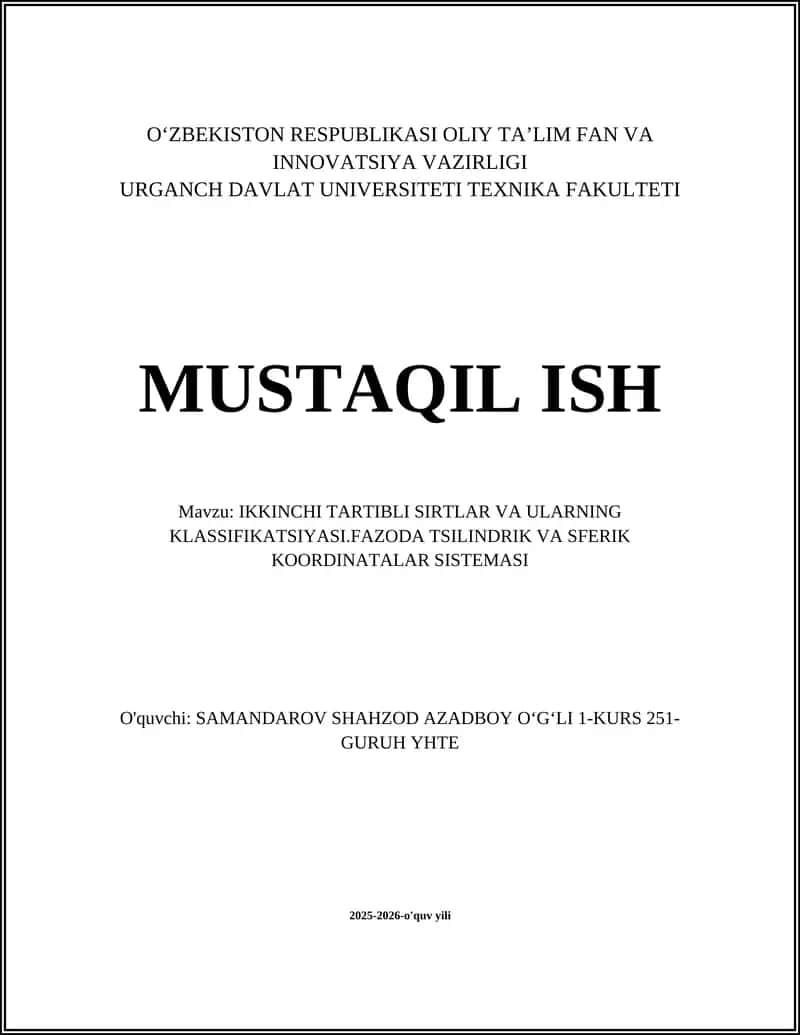 IKKINCHI TARTIBLI SIRTLAR VA ULARNING KLASSIFIKATSIYASI 1