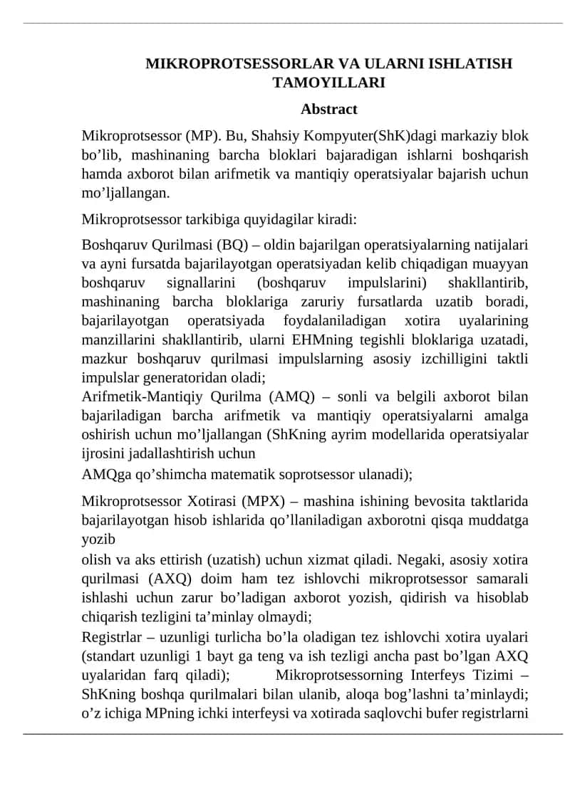 MIKROPROTSESSORLAR VA ULARNI ISHLATISH TAMOYILLARI 1
