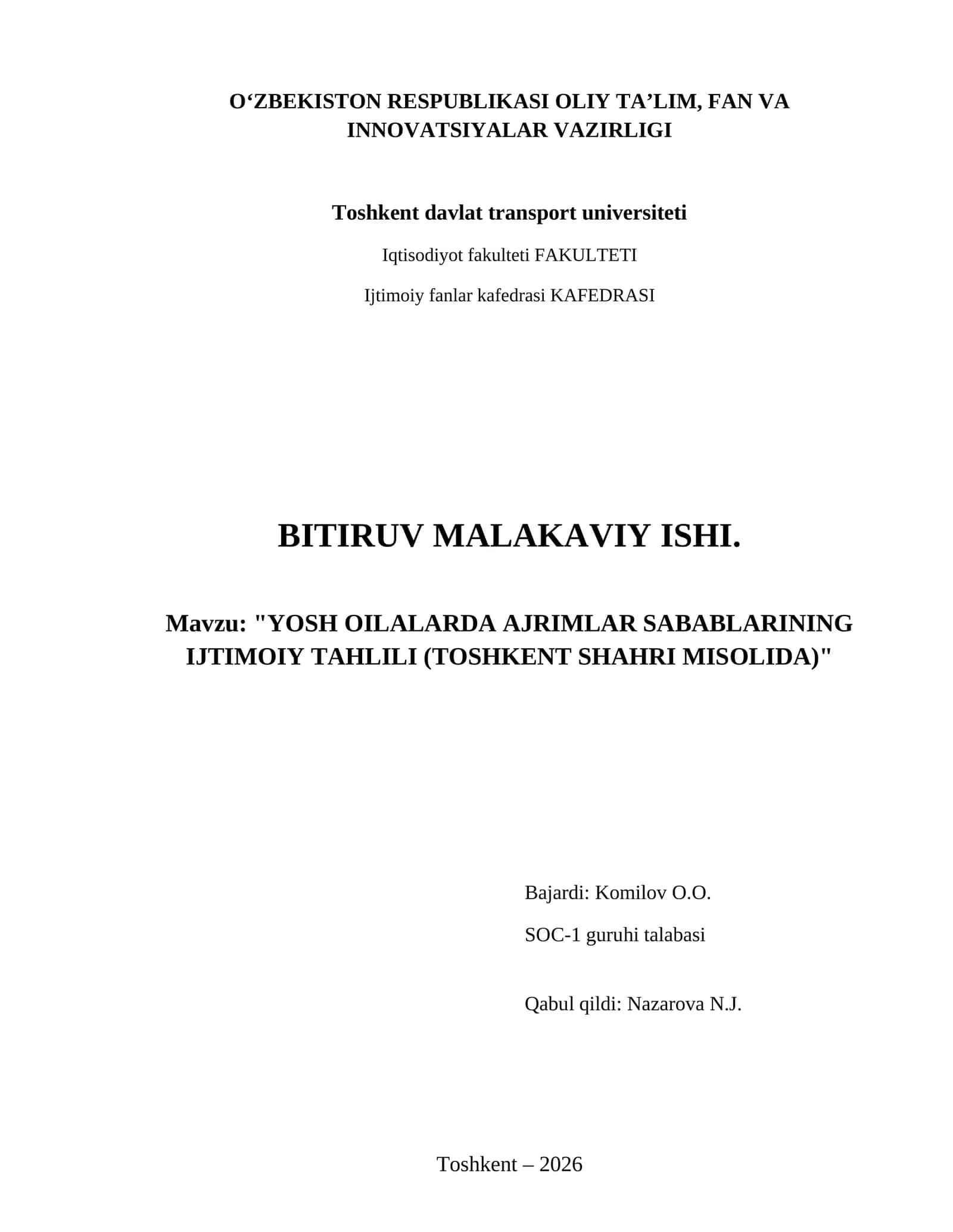 Yosh oilalarda ajrimlar sabablarining ijtimoiy tahlili (Toshkent shahri misolida) 1