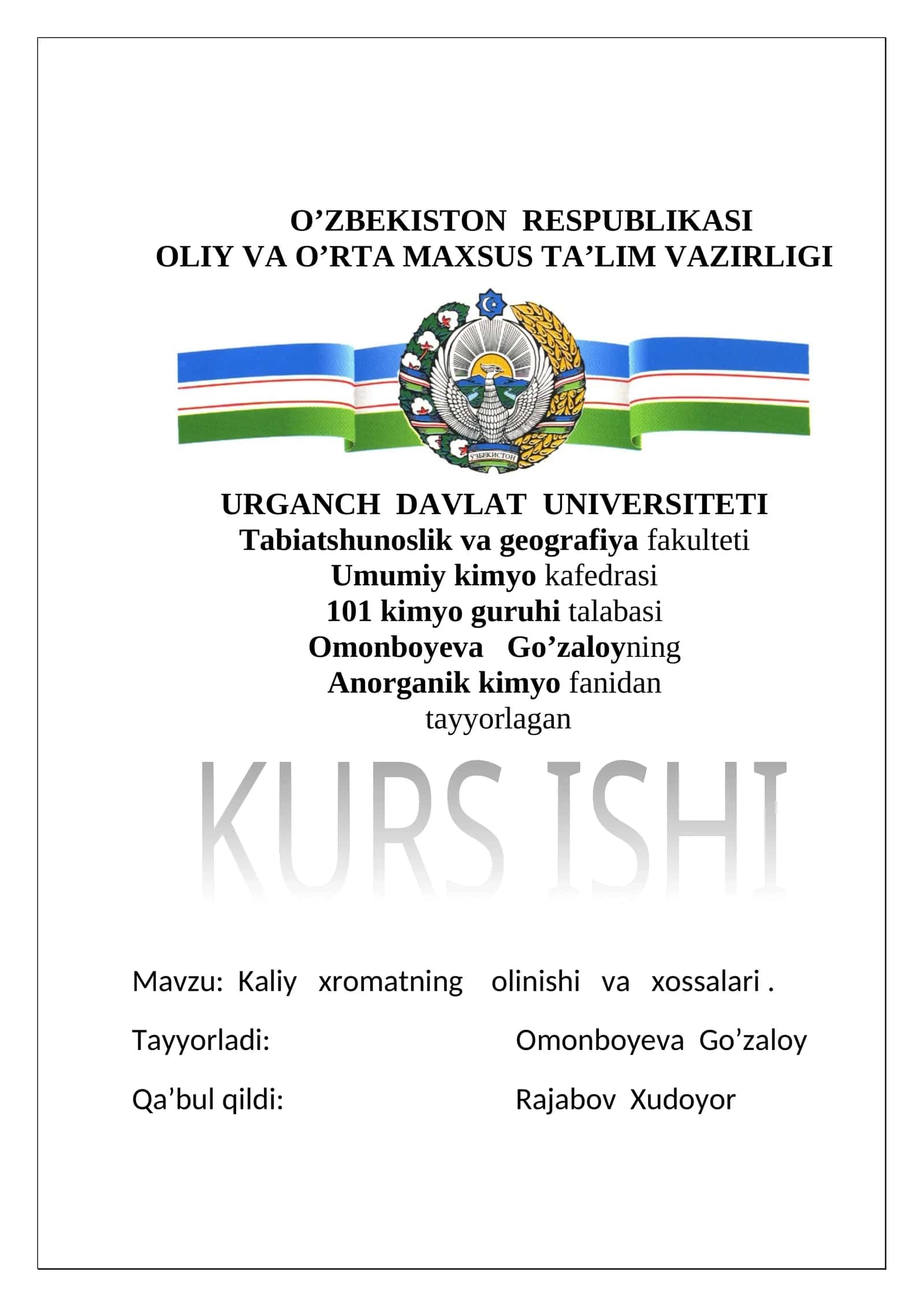 Kaliy xromatning olinishi va xossalari 1