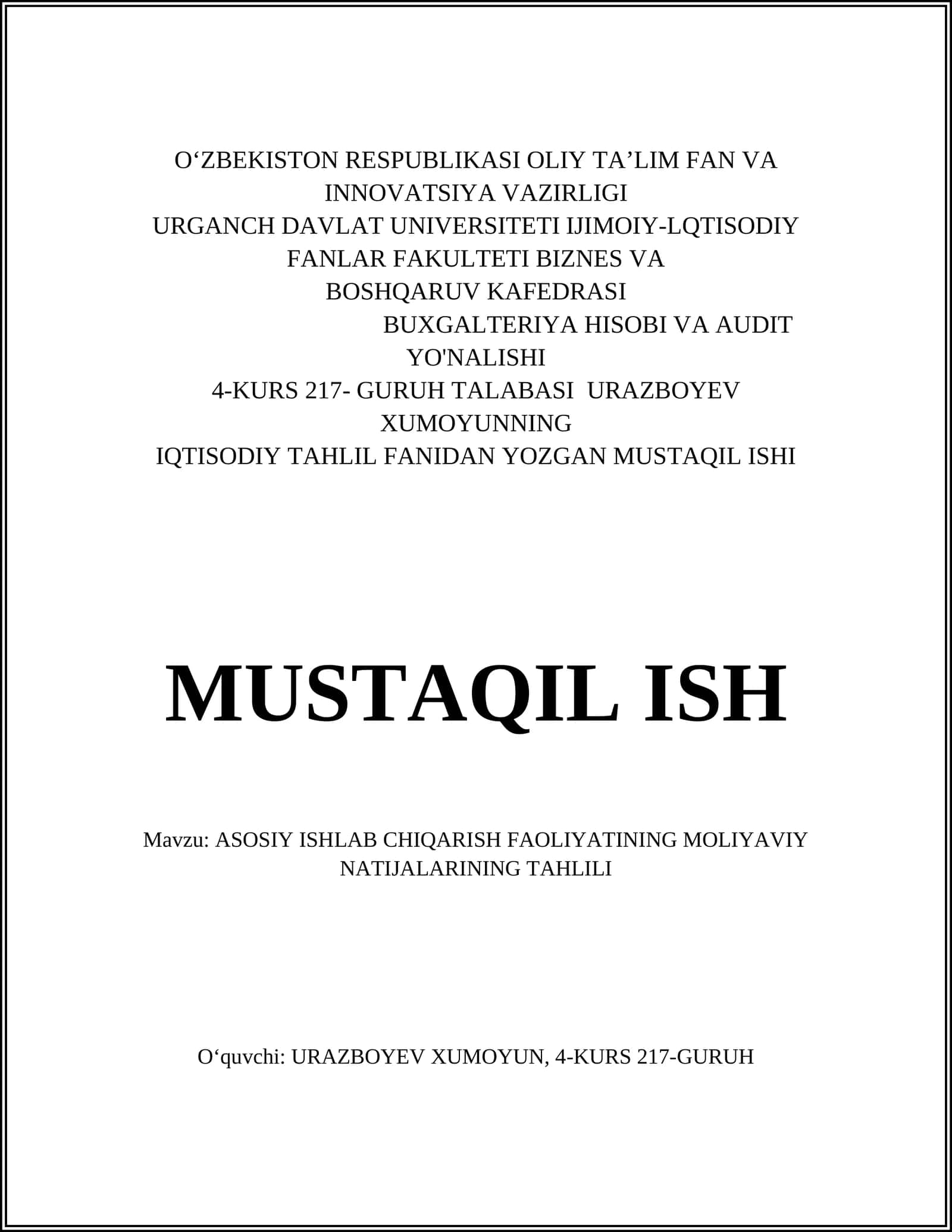 ASOSIY ISHLAB CHIQARISH FAOLIYATINING MOLIYAVIY NATIJALARINING TAHLILI 1
