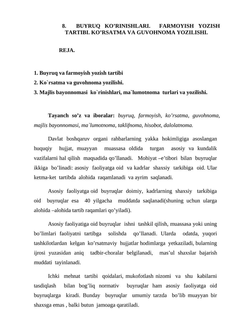 BUYRUQ KO’RINISHLARI. FARMOYISH YOZISH TARTIBI. KO’RSATMA VA GUVOHNOMA YOZILISHI 1