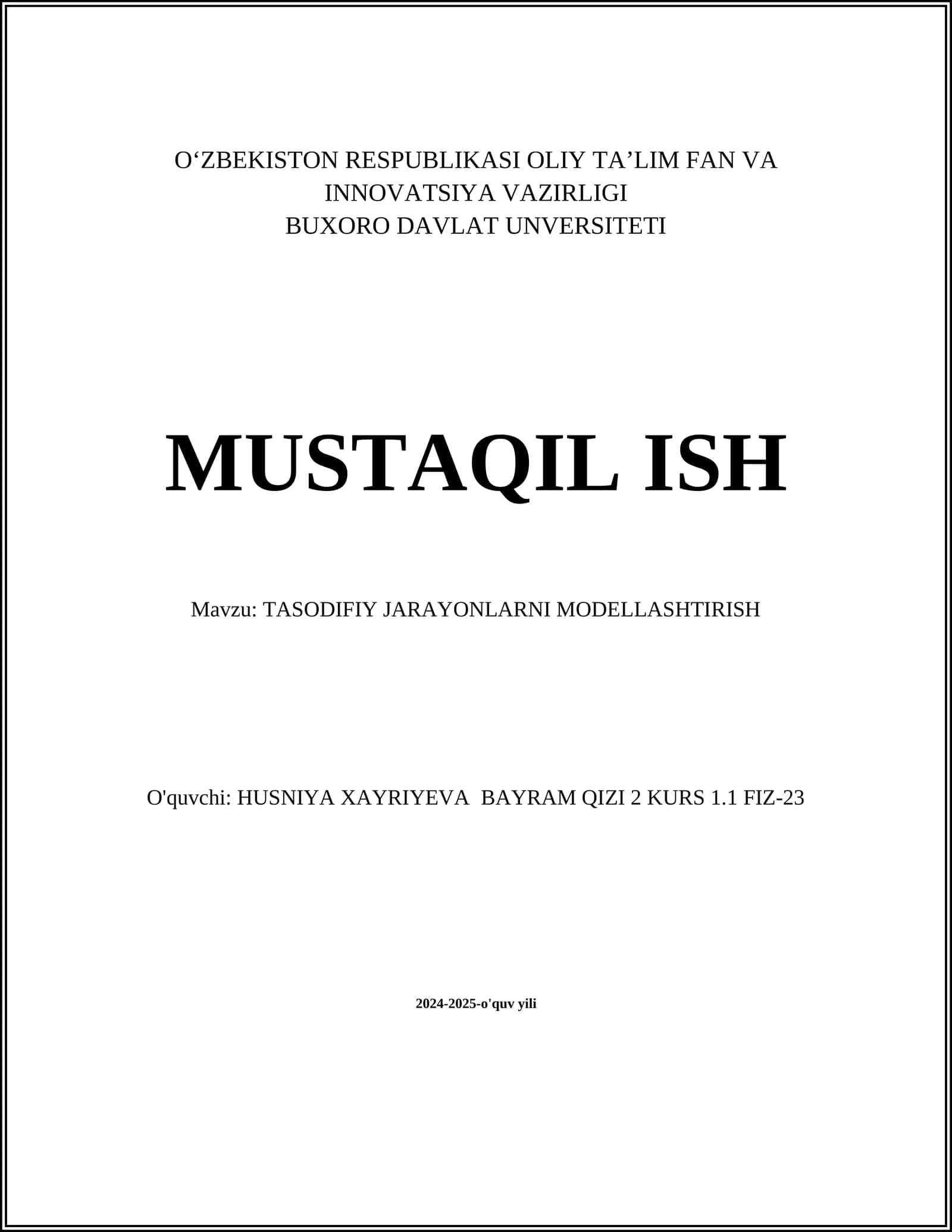 TASODIFIY JARAYONLARNI MODELLASHTIRISH 1