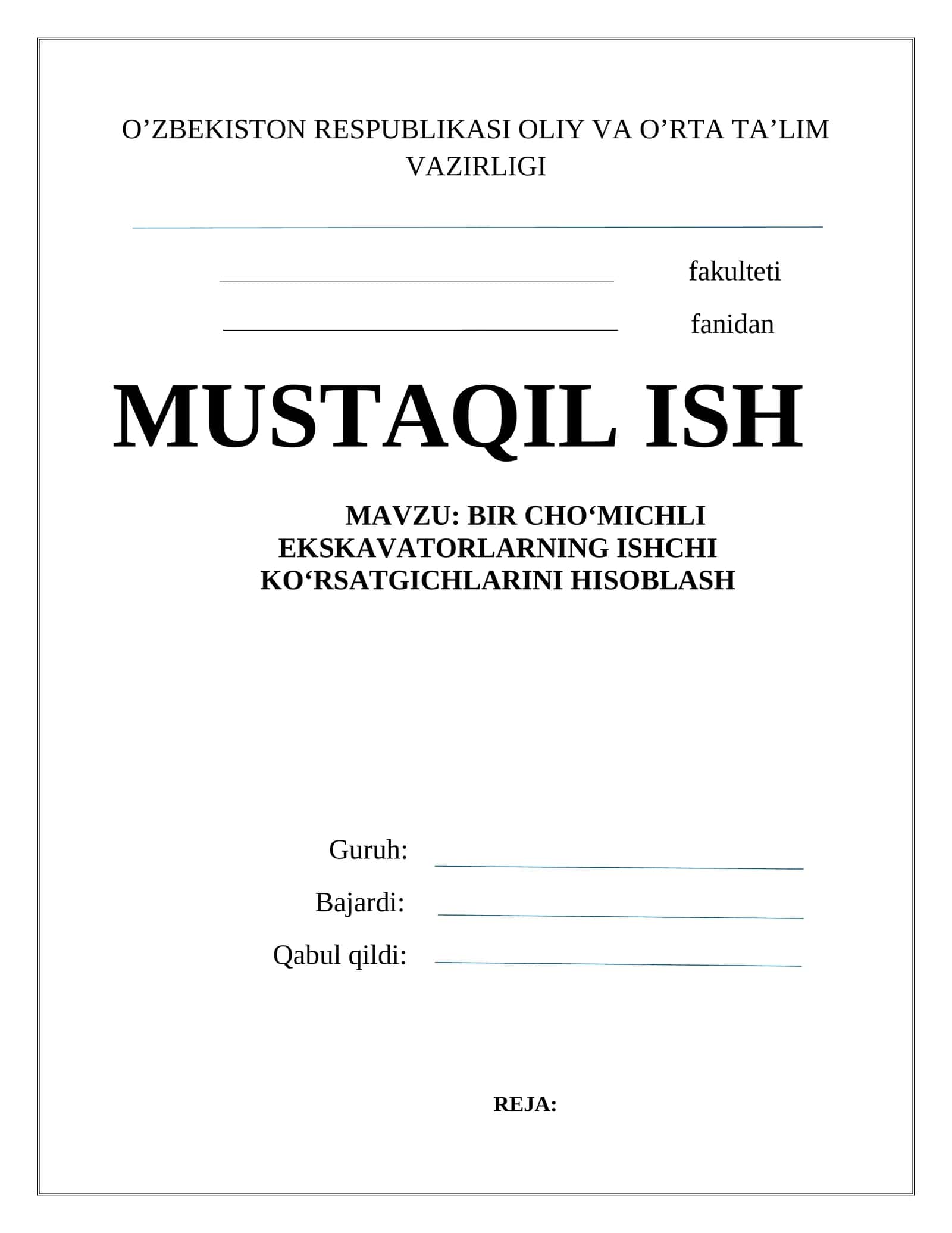 BIR CHO‘MICHLI EKSKAVATORLARNING ISHCHI KO‘RSATGICHLARINI HISOBLASH 1