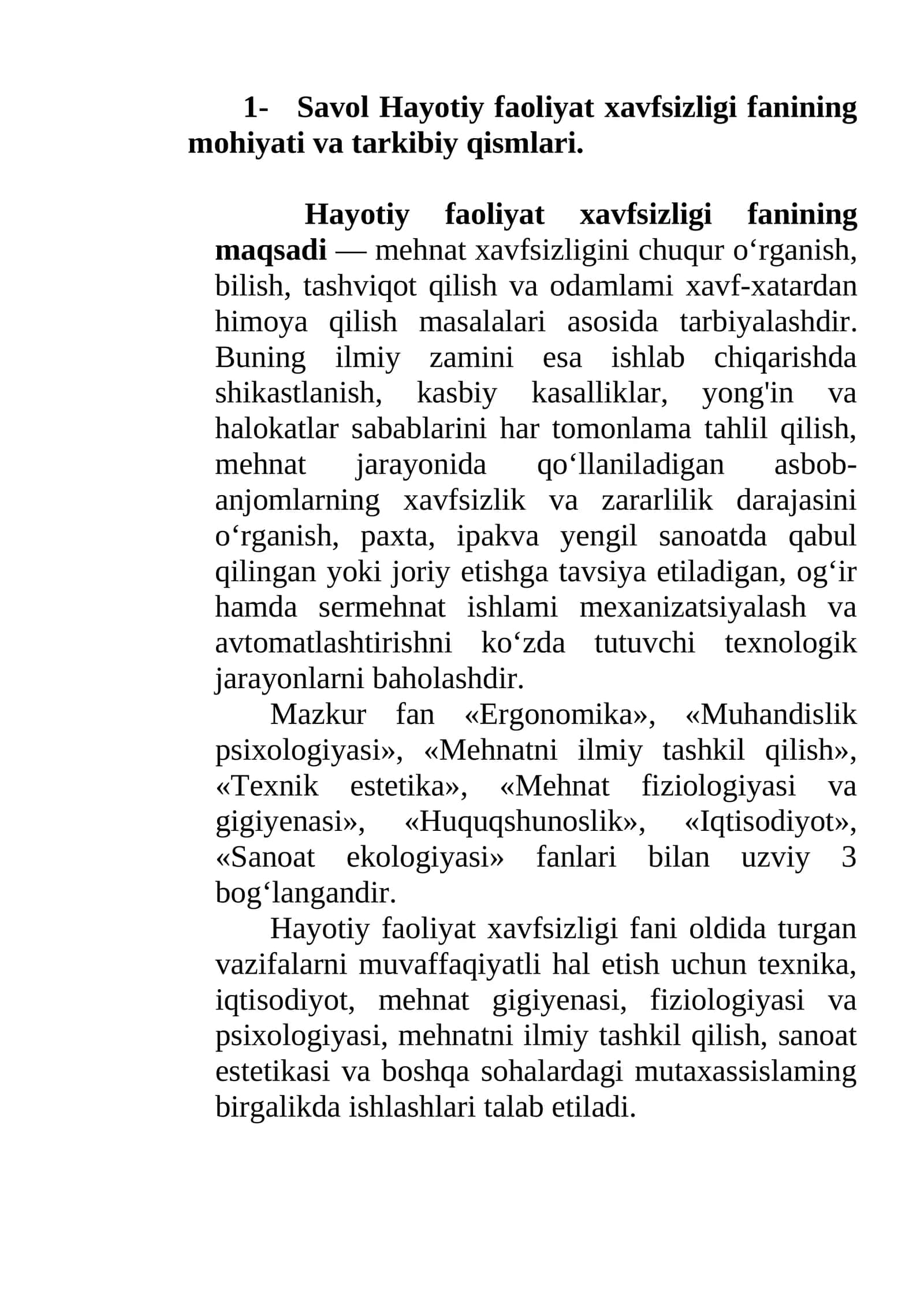 Savol Hayotiy faoliyat xavfsizligi fanining mohiyati va tarkibiy qismlari 1