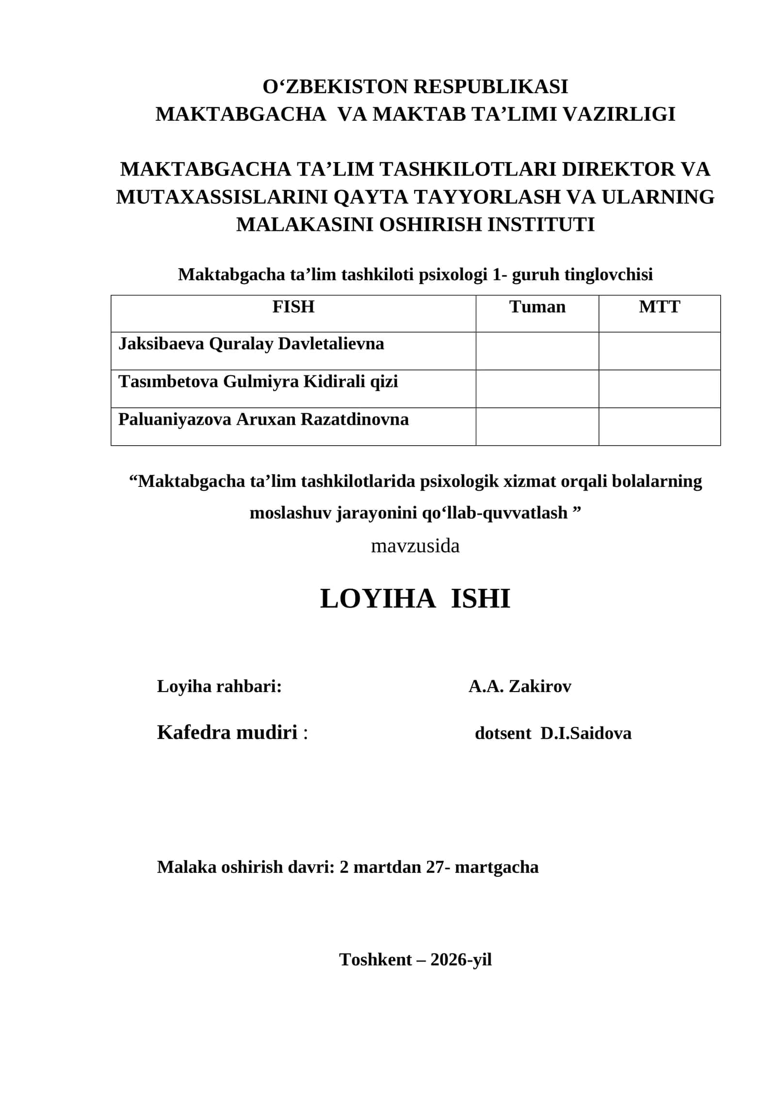 Maktabgacha ta’lim tashkilotlari psixologi 1- guruh tinglovchisi 1