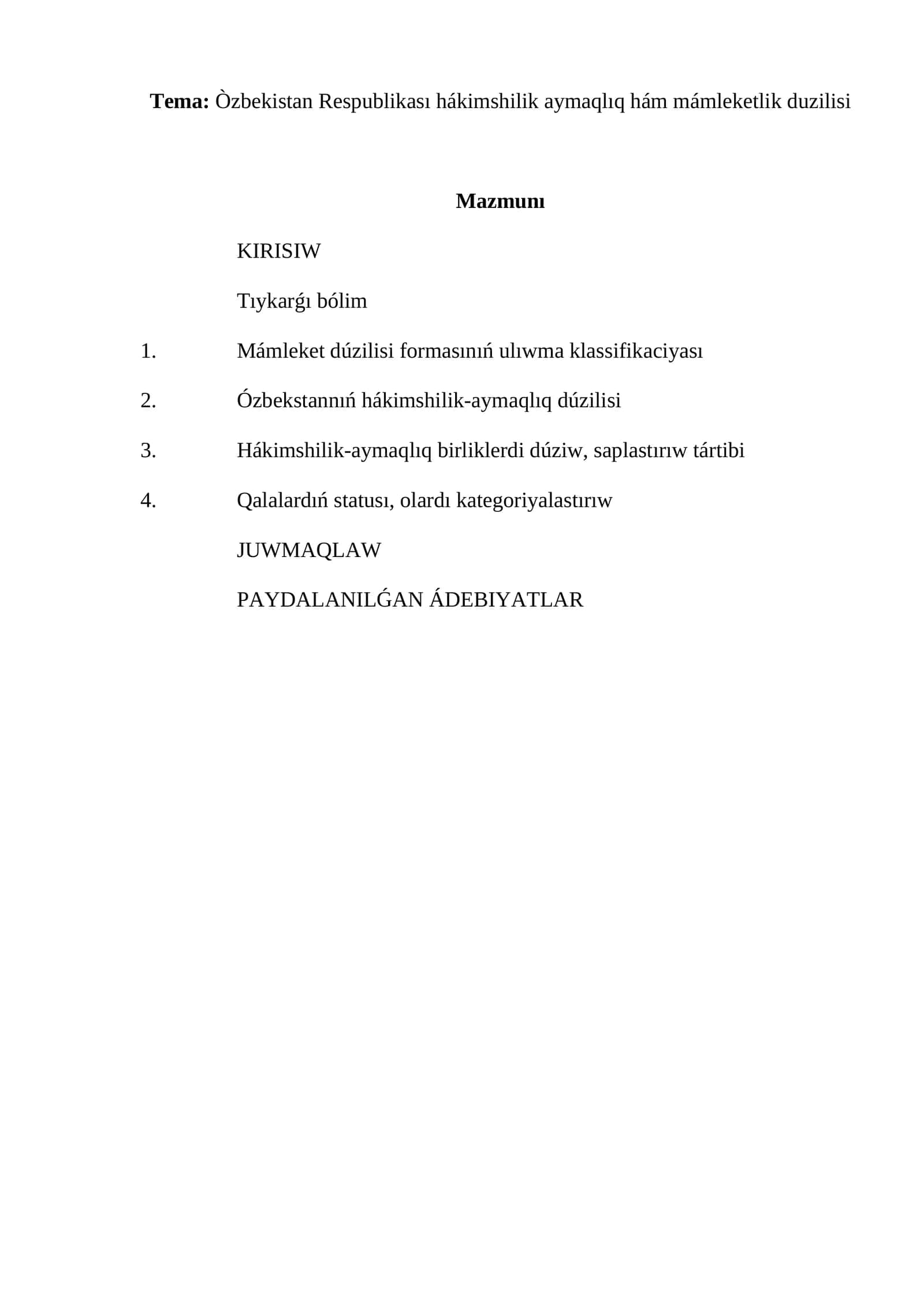 Òzbekistan Respublikası hákimshilik aymaqlıq hám mámleketlik duzilisi 1