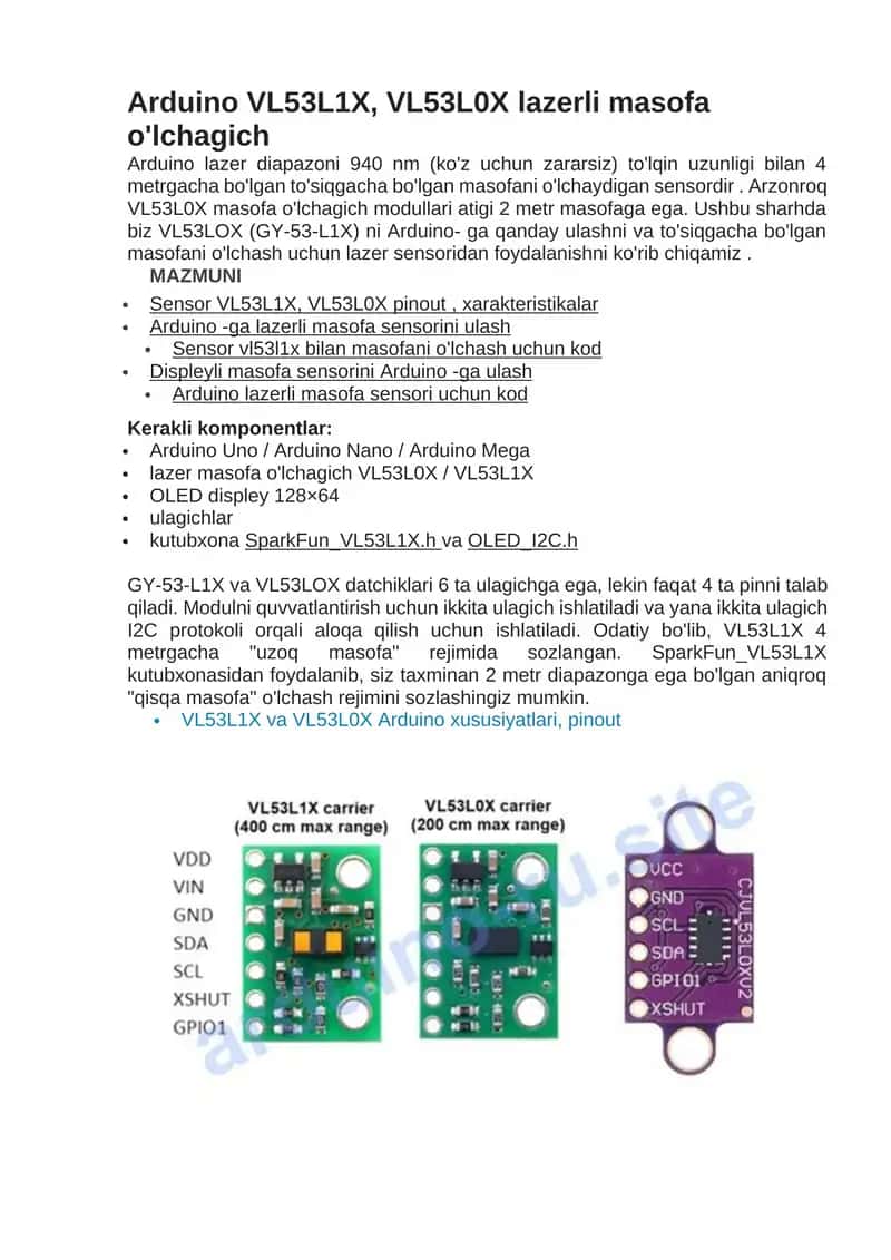 Arduino VL53L1X, VL53L0X lazerli masofa o'lchagich 1
