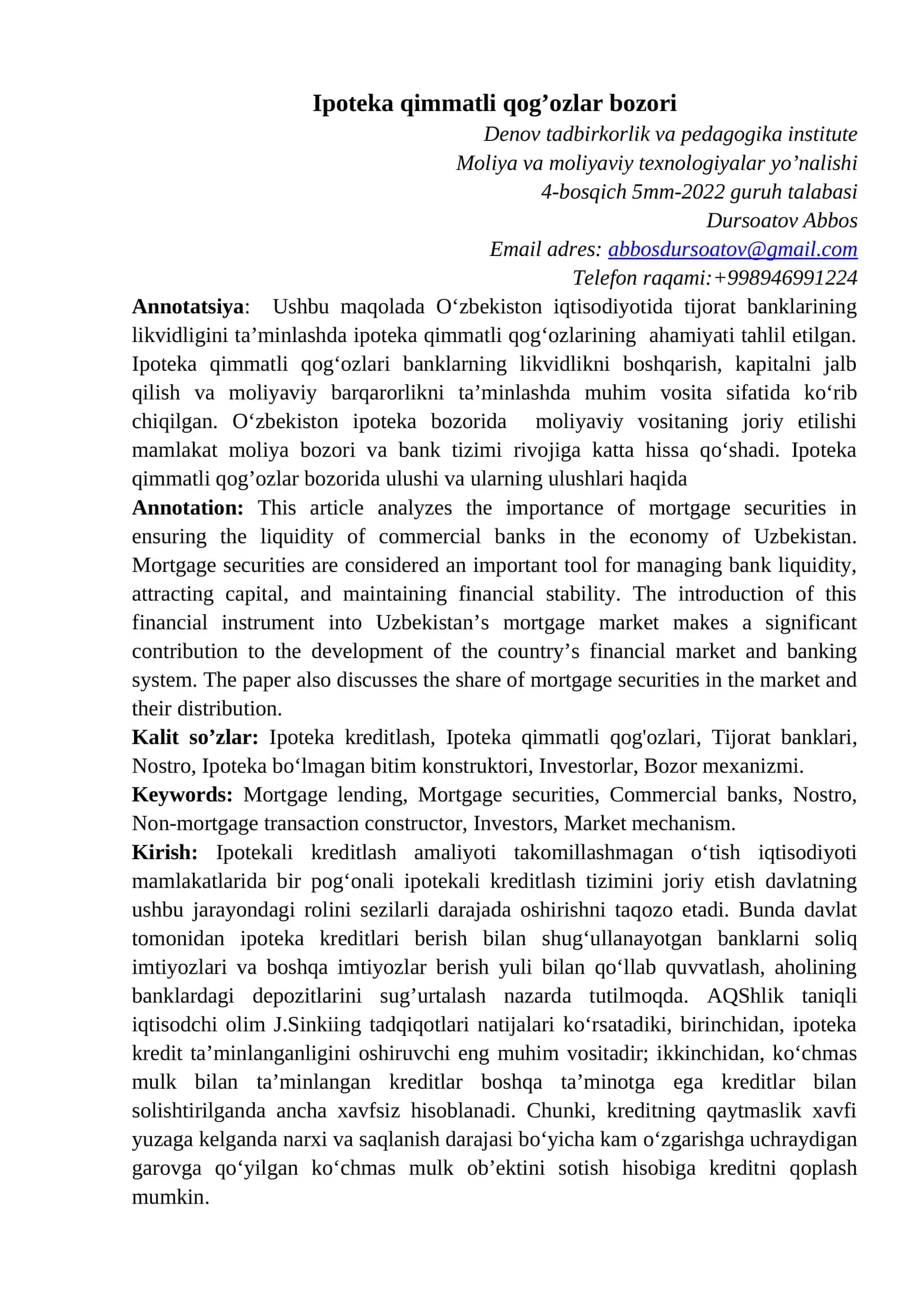 Ipoteka qimmatli qog’ozlar bozori 1