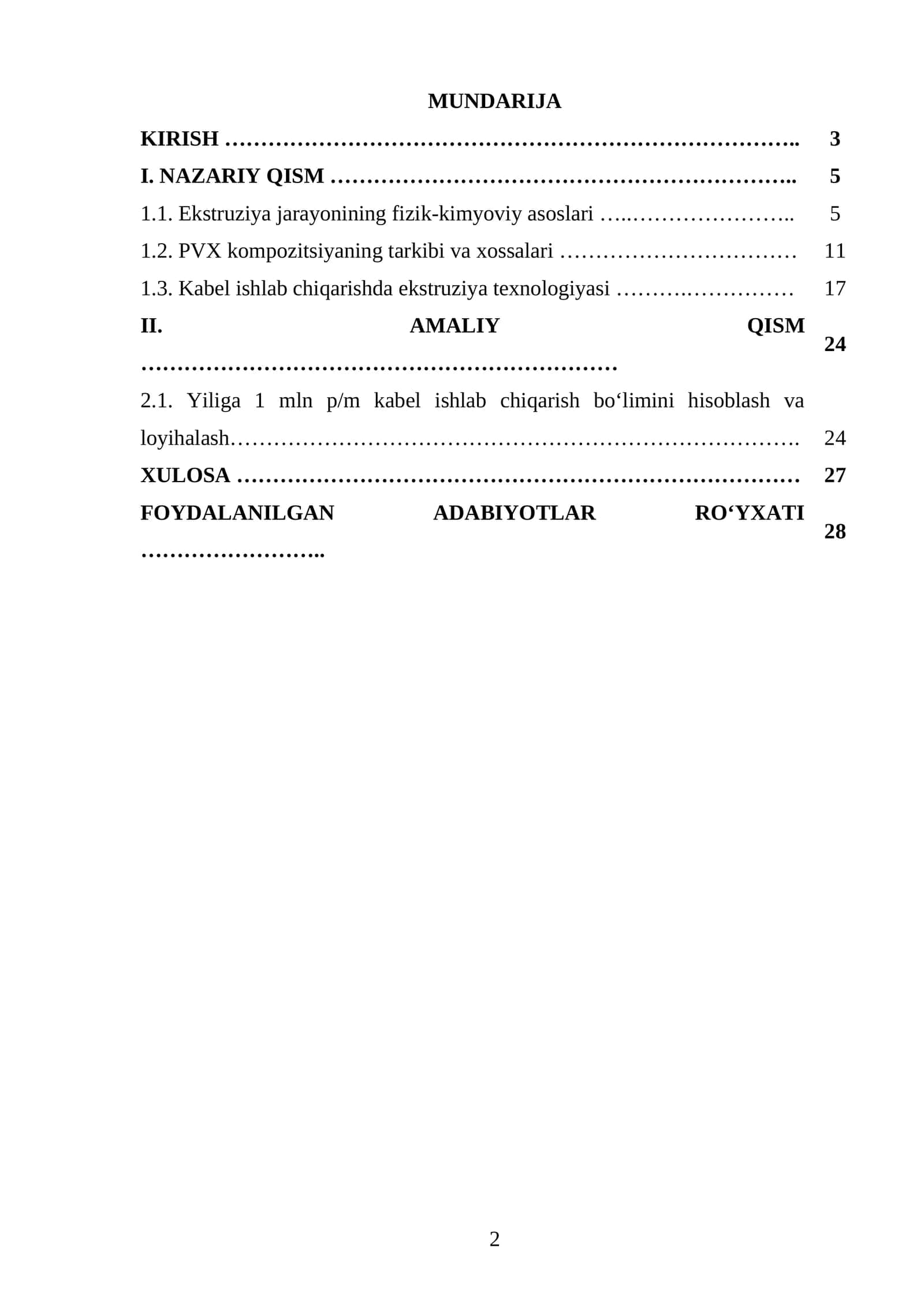 Ekstruziya usuli bilan yiliga 1 mln p/m PVX kompozitsiya bilan izolyasiyalangan kabel ishlab chiqaradigan boʻlimning loyihasi 1