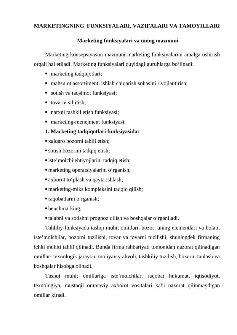 MARKETINGNING FUNKSIYALARI, VAZIFALARI VA TAMOYILLARI 1