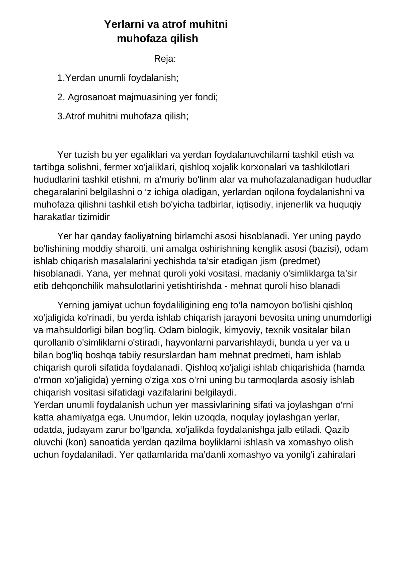 Yerlarni va atrof muhitni muhofaza qilish 1