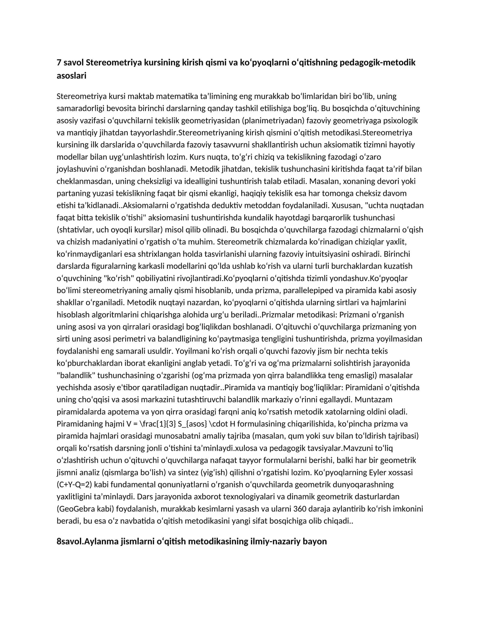 Matematika o‘qitish metodika qisqa savollarga qisqa javoblar 1