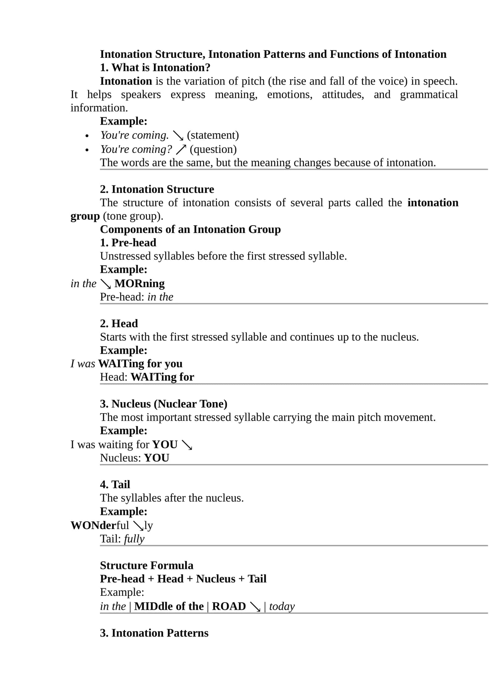 Intonation Structure, Intonation Patterns and Functions of Intonation 1